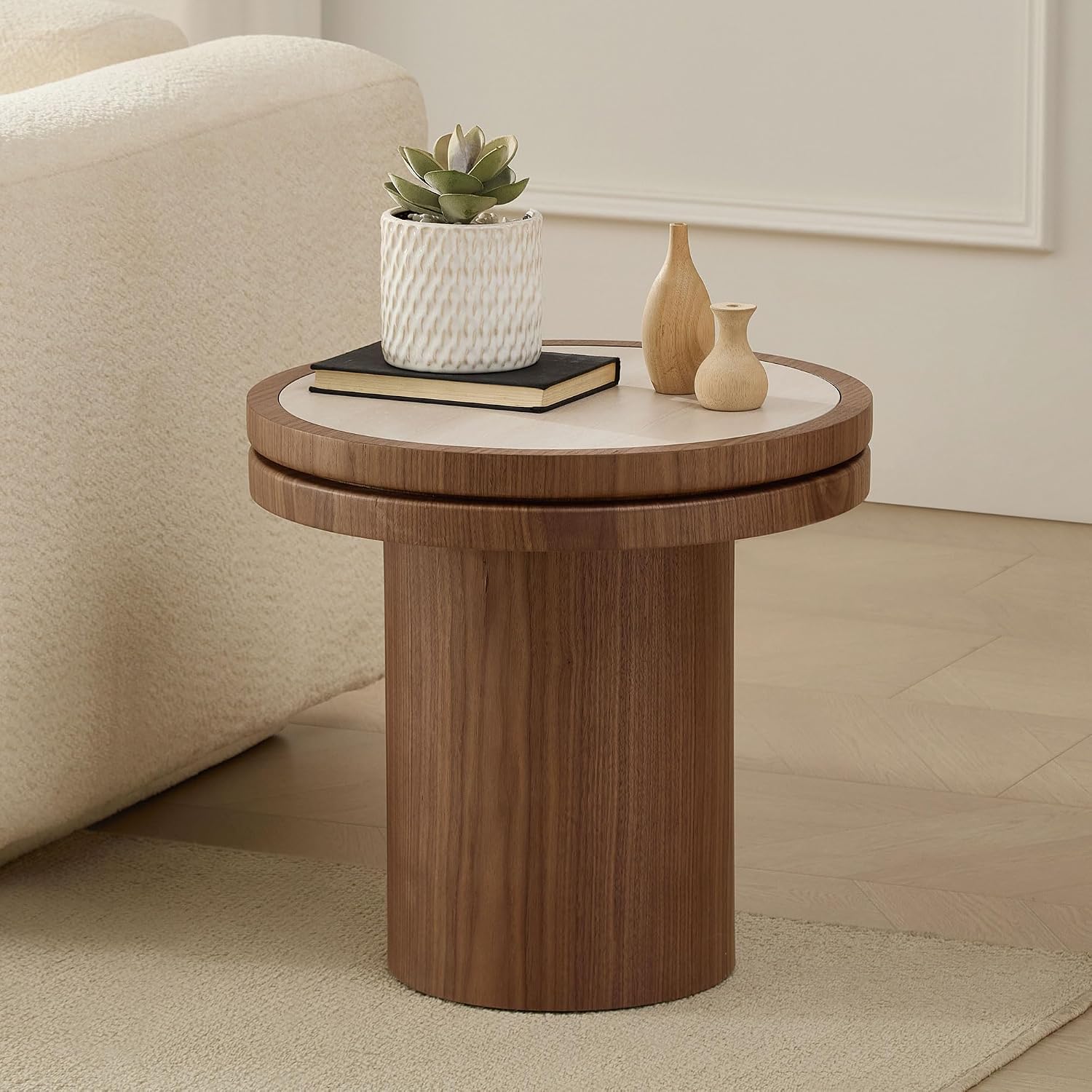 LKTART 19.49 Inch Round End Table with Sintered Stone Top, Mid-Century Modern Wood Table with MDF Pedestal, Small End Tables for Living Room Bedroom Apartment, Easy Assembly, Natural