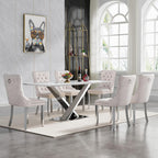 70" Faux Marble White Silver Dining Table for 6, Modern Dining Room Table with 0.71" Marble Printing MDF Top and Cross-Shaped Stainless Steel Base, Rectangular Large Kitchen Dinner Table
