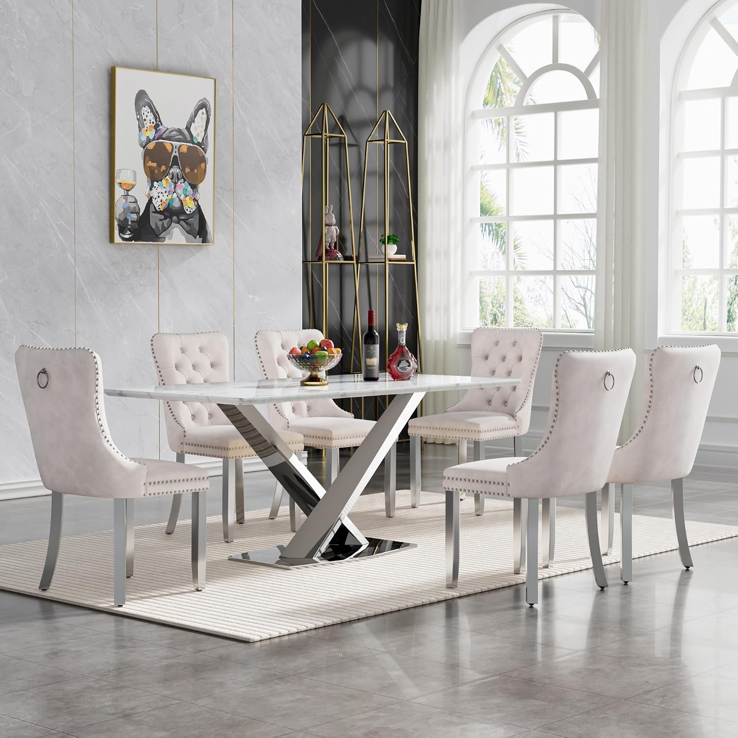 70" Faux Marble White Silver Dining Table for 6, Modern Dining Room Table with 0.71" Marble Printing MDF Top and Cross-Shaped Stainless Steel Base, Rectangular Large Kitchen Dinner Table