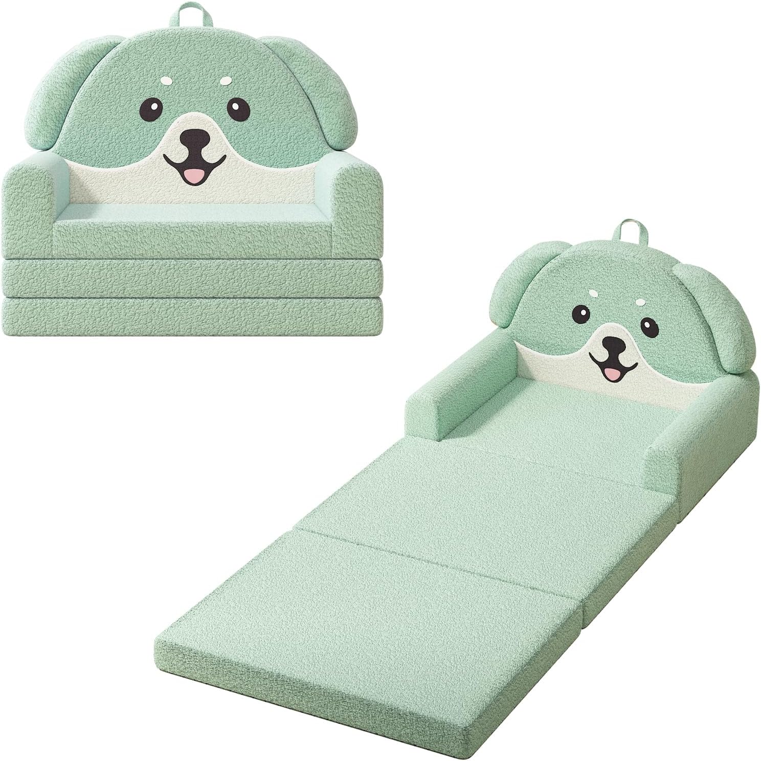 YACODAVO 2-in-1 Kids Couch, Soft Toddler Couch Fold Out for Girl and Boys, Dog Design Foldable Kids Sofa to Lounger, Convertible Kids Chairs Comfy, Gift for Birthday, Children's Day, Green