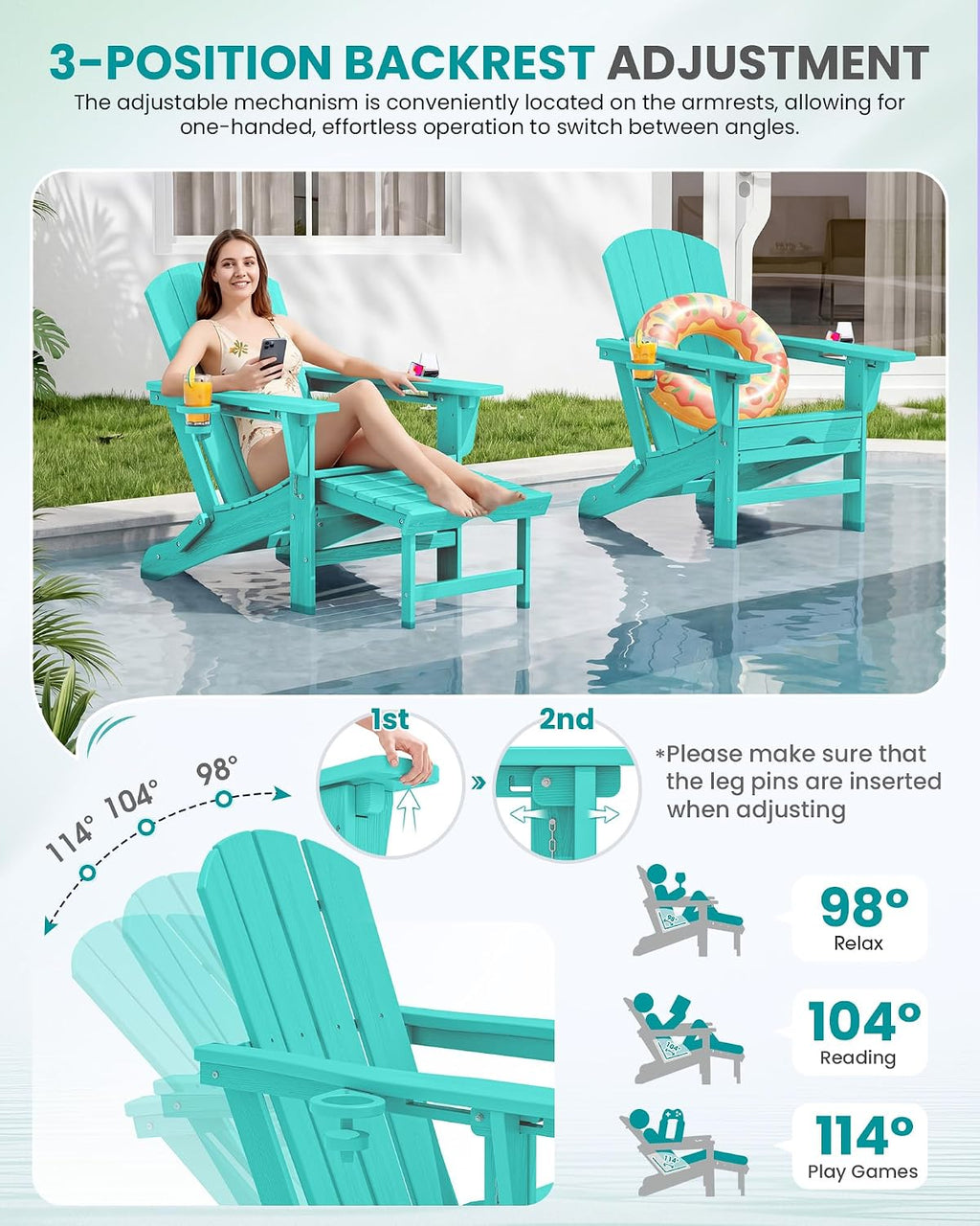 SERWALL Folding Adjustable Adirondack Chairs with Footrest Set of 2, HDPE Outdoor Chair with Dual Cup Holders, All Weather Adirondack Chair with Ottoman, Aruba