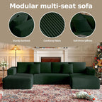 CHORRO134.6''Sectional Boneless Couch for Livingroom,Modular Corduroy Cloud Couch, U-Shaped Sofa with Chaise and Pillows,4-Deep Seat Sectional Sofa with 1 Ottoman,(Green,Left Chaise)