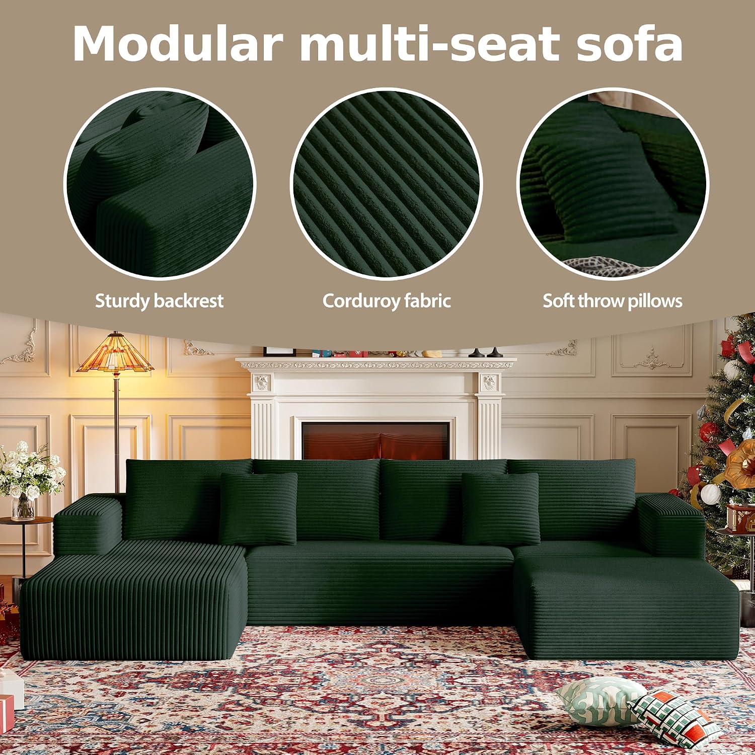 CHORRO134.6''Sectional Boneless Couch for Livingroom,Modular Corduroy Cloud Couch, U-Shaped Sofa with Chaise and Pillows,4-Deep Seat Sectional Sofa with 1 Ottoman,(Green,Left Chaise)