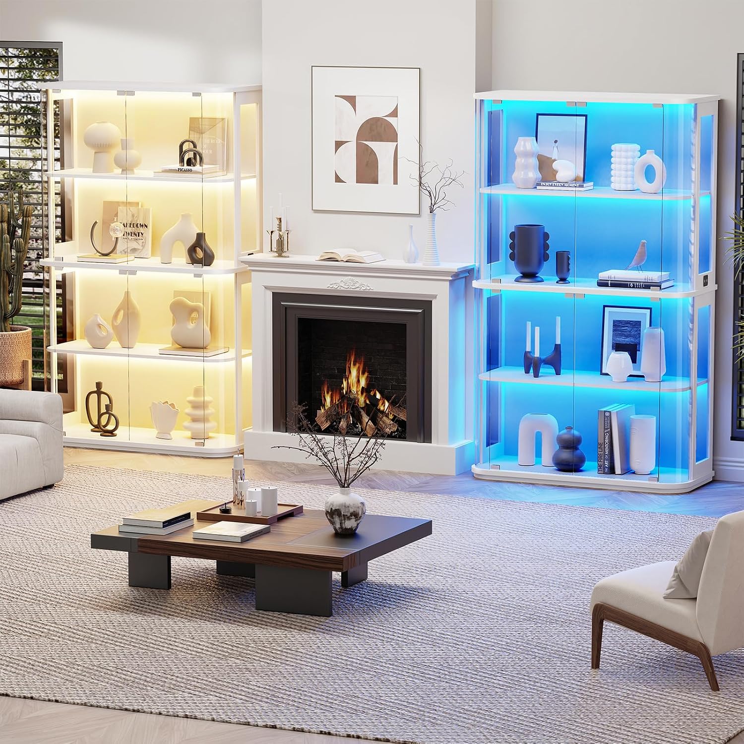 BROTTAR Large Rounded Display Cabinet with Glass Door, 4-Tier Curio Cabinet with 3 Color Lights for Collectibles, Glass Display Case with Transparent Full-Display Surface, Human Body Sensor, White