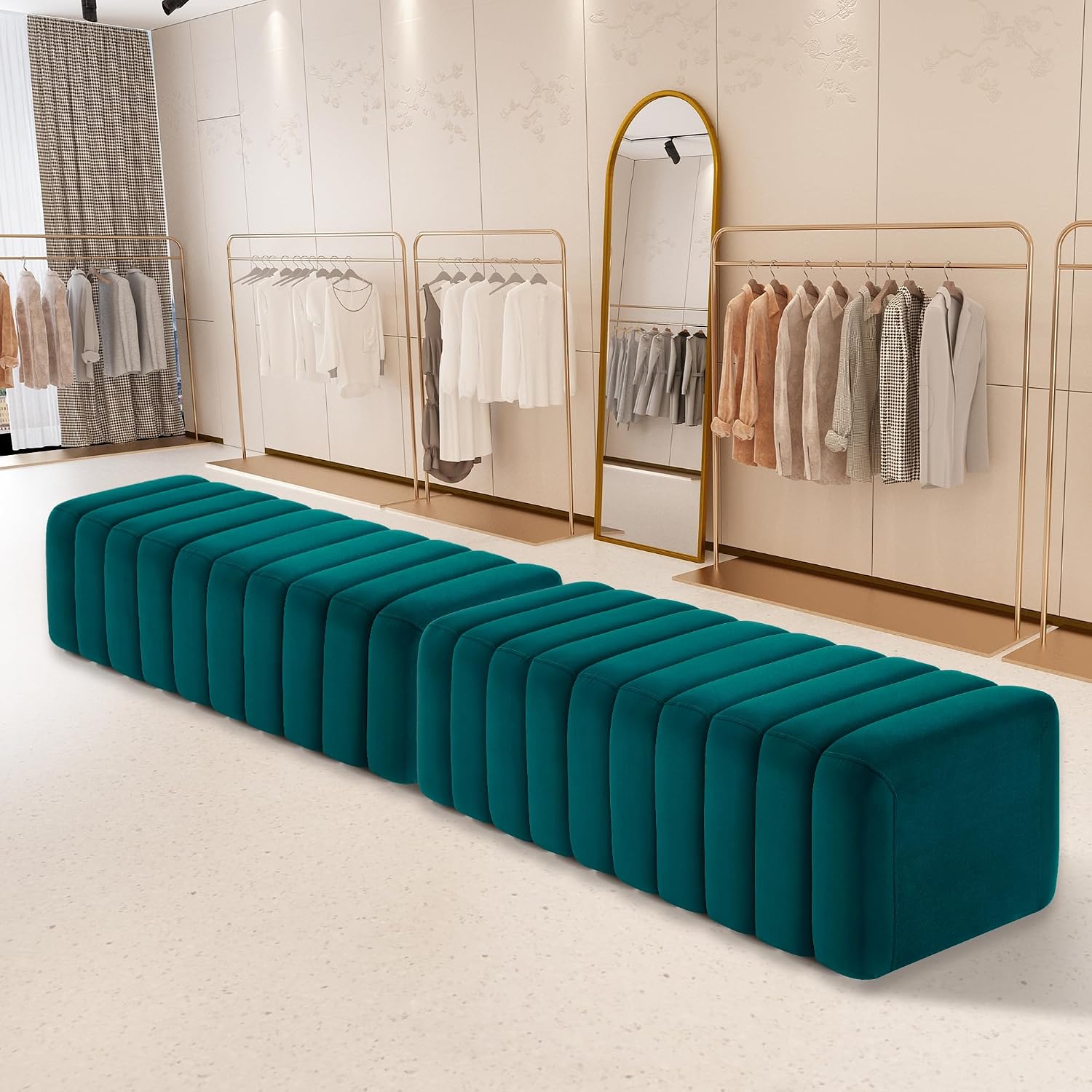 MCombo Waiting Room Benches, Guest Reception Lobby Chairs for Salon, Velvet Upholstered Ottoman for Bedroom Entryway 4698 (Green)