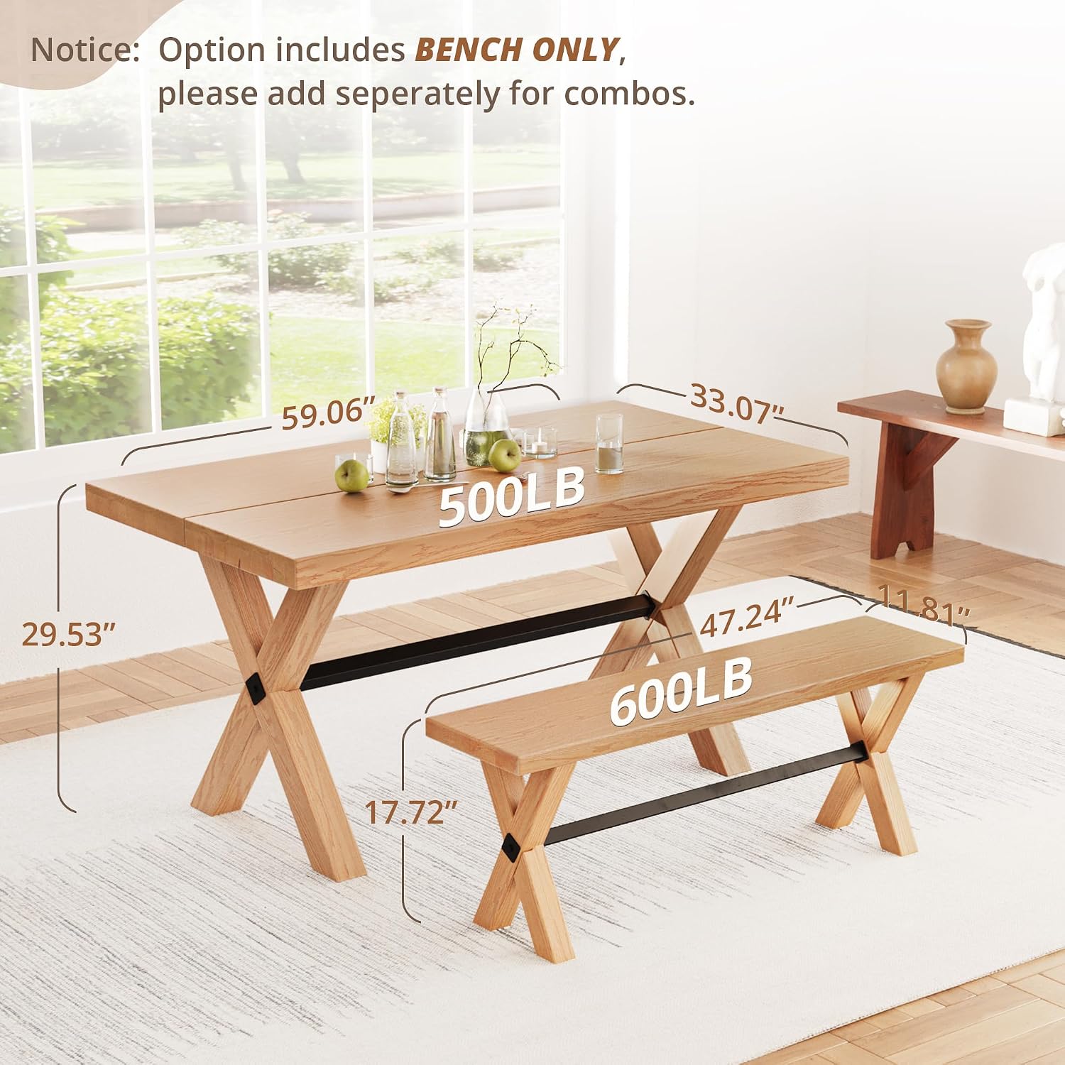 LUE BONA 47 inch Dining Bench with Solid Wood, Farmhouse Kitchen Bench with Natural Wood Grain, Heavy Duty Rectangular Kitchen Dining Chair for Home and Dining Room, Oak Grain-Natural Color