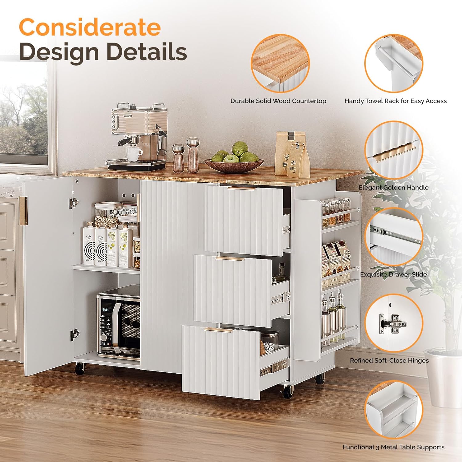VINGLI Fluted Kitchen Cart with 3 Draws and 2 Doors, White | Drop-leaf Tabletop, Adjuestable Shelves, Towel Bar, 3-tier Side Storage Rack, 360° Rolling Design