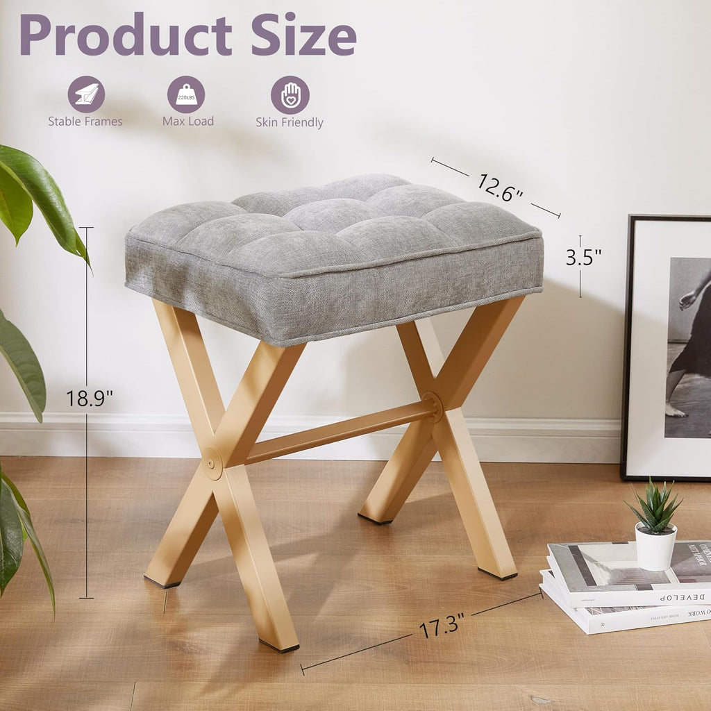 Royal Windsor Vanity Stool,Square Ottoman Stool Foot Rest,Upholstered Vanity Chair Foot Stool with Metal X Legs, Small Vanity seat for Entryway,Bedroom and Living Room,Light Grey+Yellow