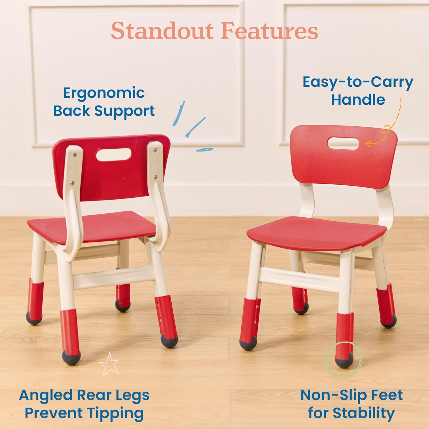 ECR4Kids Classroom Adjustable Chair, Flexible Seating, Red, 2-Pack