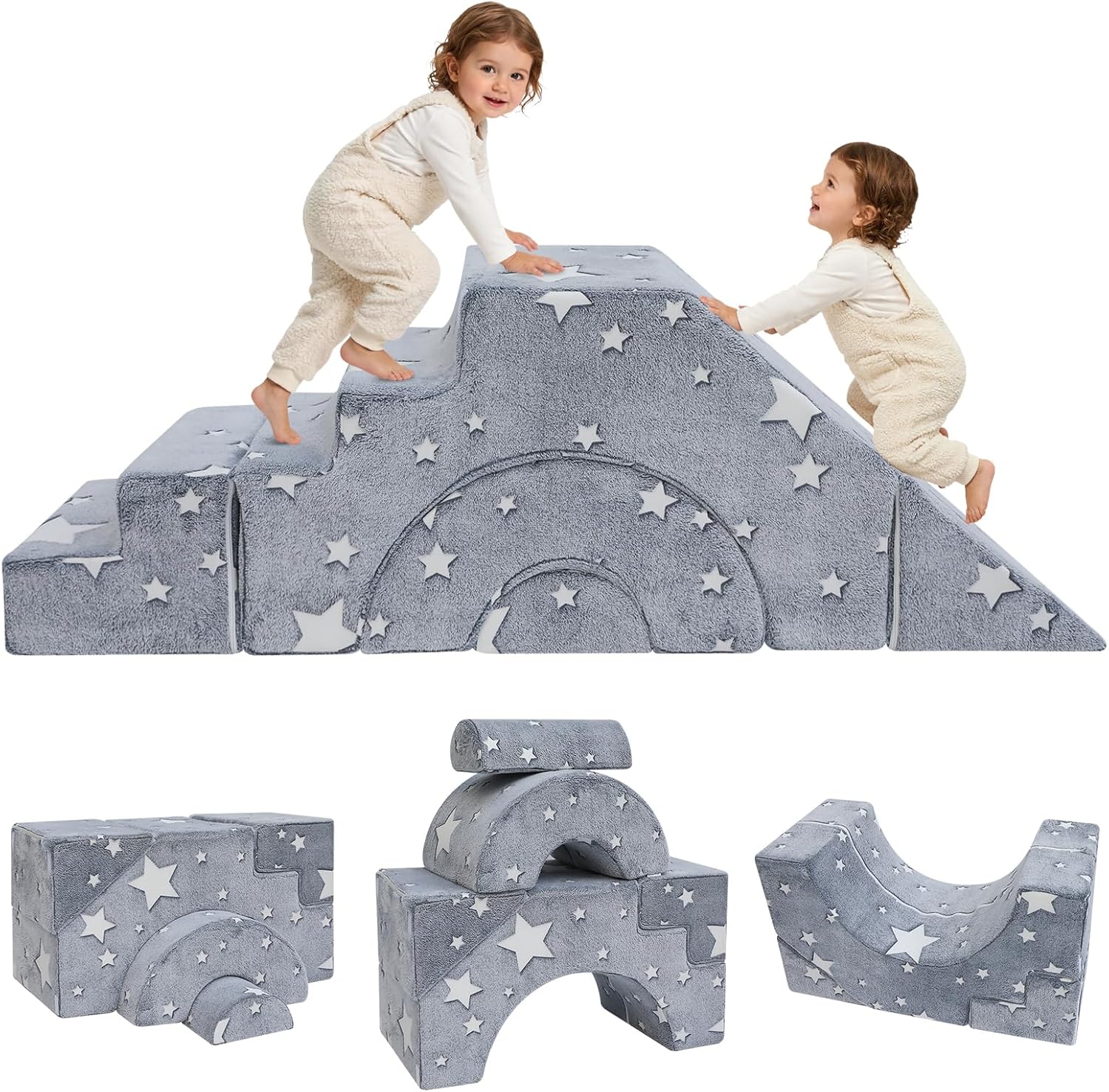 MeMoreCool Toddler Foam Climbing Couch – Modular Kids Sofa with Slide & Stairs | Convertible Sectional Play Couch for Babies & Toddlers, Glow‑in‑the‑Dark Stars, Soft Foam Playroom Furniture