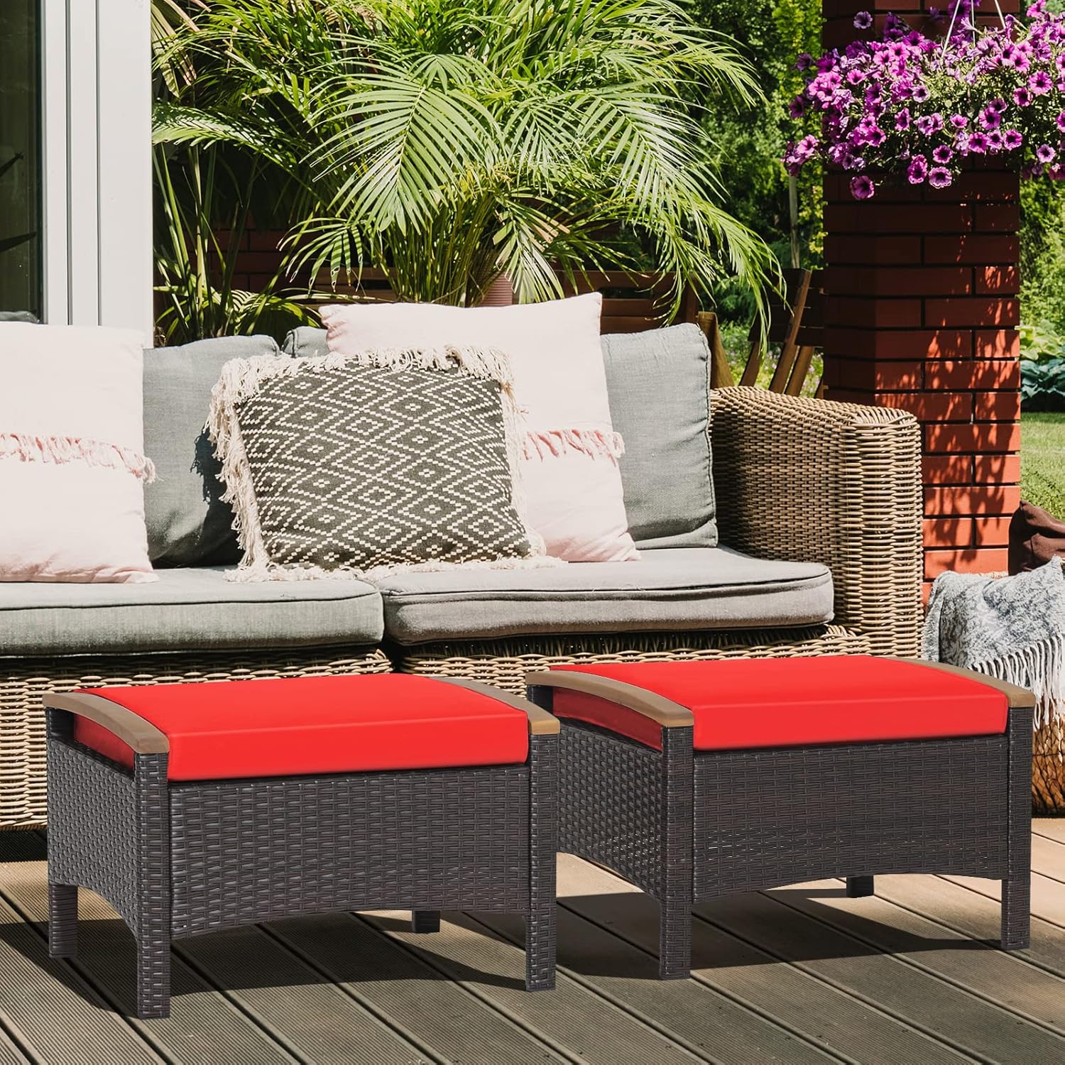 ORALNER Outdoor Ottoman, Set of 2 Rattan Footstools, All-Weather Wicker Foot Stools w/Removable Cushions, Patio Footrest Extra Seating for Porch, Poolside, Garden, Deck, Easy Assembly (Red)