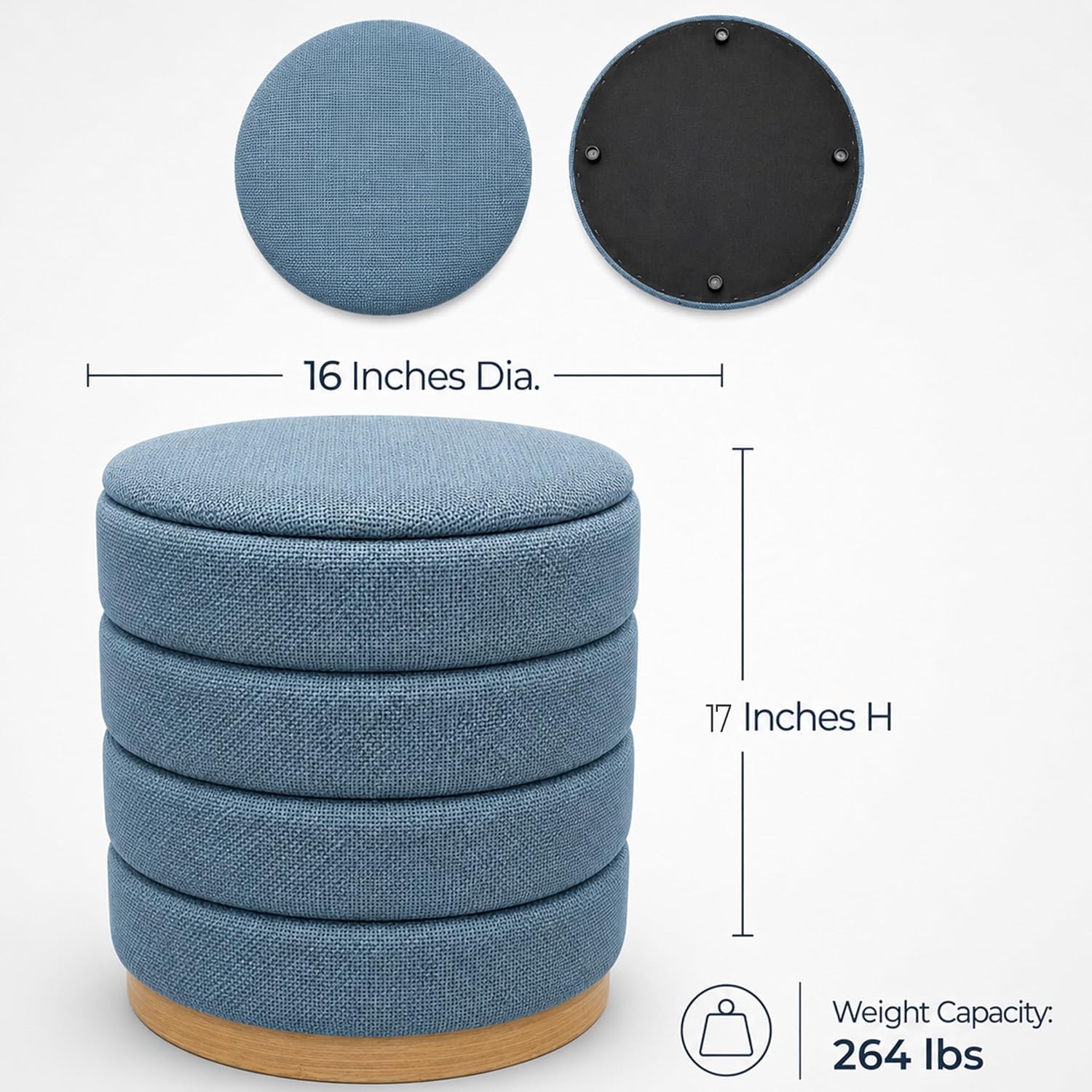 Ottoman Collection Stylish Linen Cylinder Storage Light Blue Round Footrest Vanity Stool Furniture Living Room Small Bench 16" L X16 W X 17" H