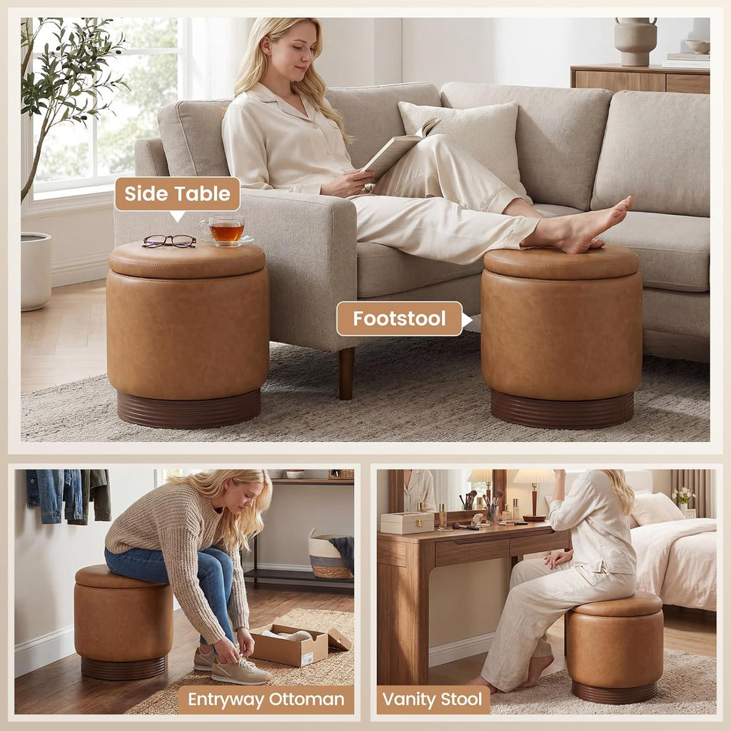 Giantex Round Ottoman with Storage, 360° Swivel Faux Leather Vanity Stool with Removable Lid & Acacia Wood Frame, Ottoman Foot Rest for Living Room, Bedroom, Makeup Room