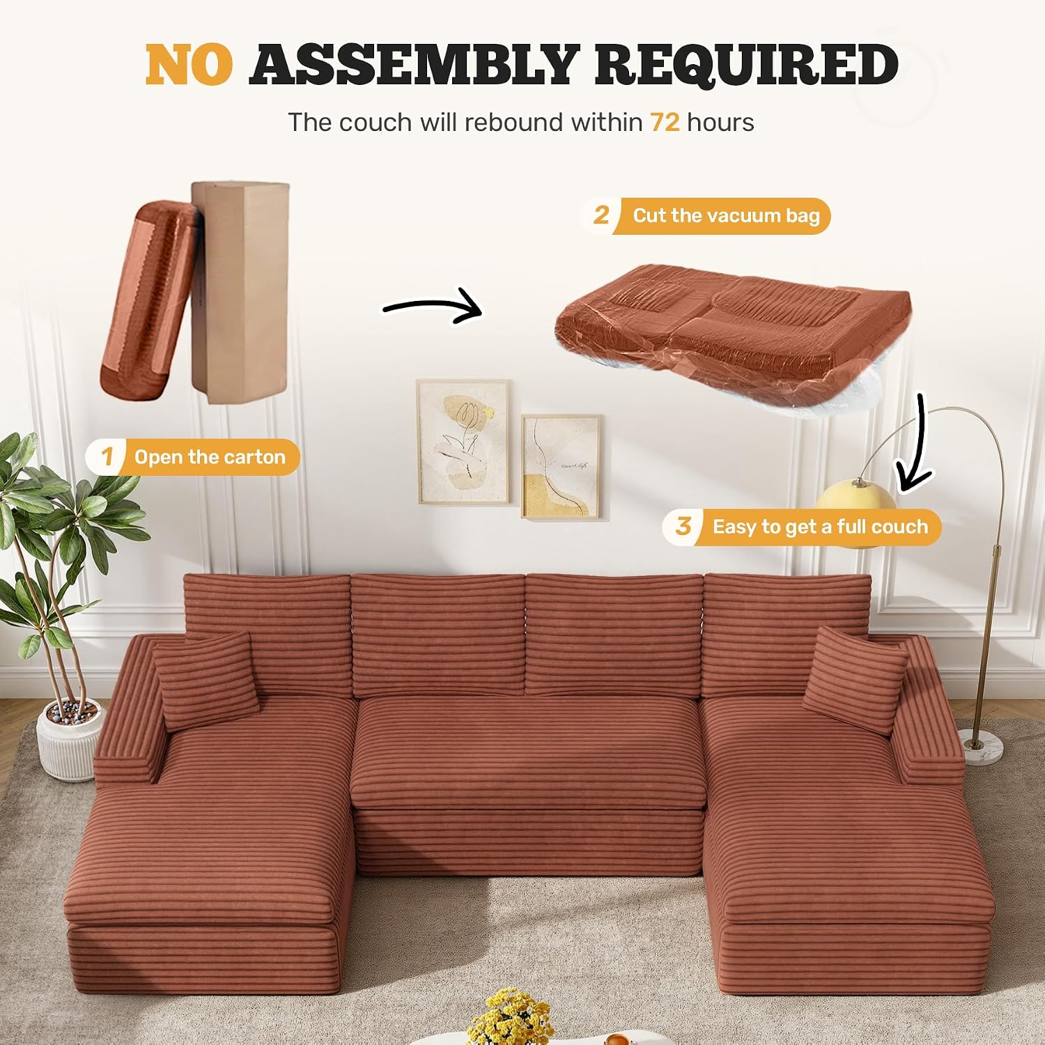 134" U Shaped Modular Sectional Sofa, Oversized Boneless Couches for Living Room,No Assembly Required Corduroy Cloud Couch with Chaise Lounge, Caramel 1 PCS
