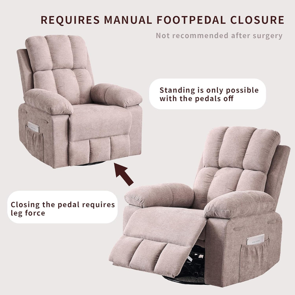Recliner Chair for Adults, 360°Swivel Rocker Chair for Living Room, Upholstered Manual Recliner with Chenille Fabric, Nursery Rocking Chair for Bedroom, Apartment (Khaki)