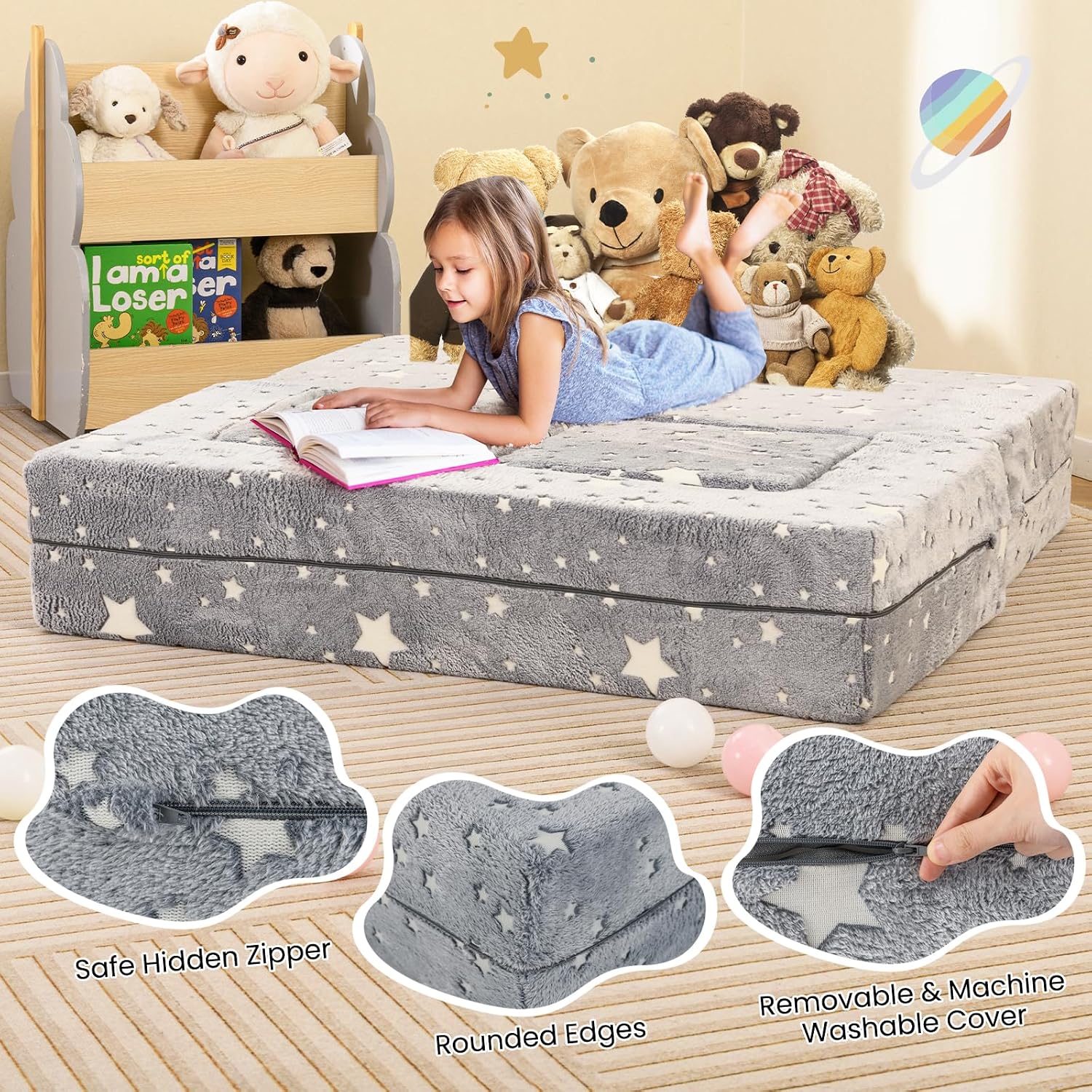 Costzon Modular Kids Play Couch Set, Glow in the Dark 2 Seat Toddler Chair, Fold Out Children Sofa Couch, Bedroom Playroom Furniture for Toddlers, Convertible Foam and Floor Cushion for Boys Girls