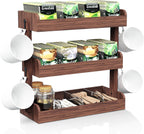 3 Tier Tea Bag Organizer Wall Mounted, Wooden Tea Box Organizer for Cabinet | Tea Bag Holder with Partitions and 4 Hooks, Tea Rack for Office, Kitchen, Cabinet, Pantry, Tea Organizers and Storage
