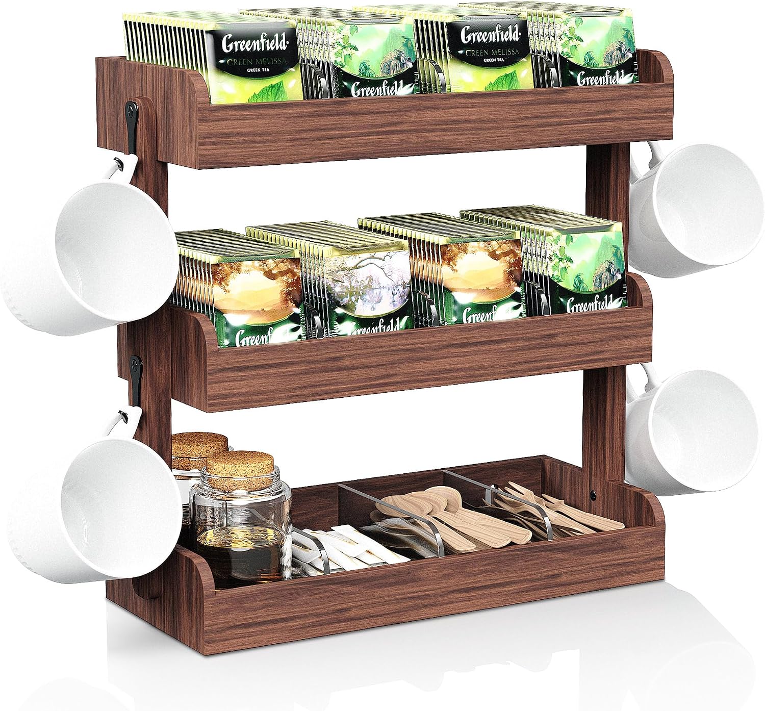 3 Tier Tea Bag Organizer Wall Mounted, Wooden Tea Box Organizer for Cabinet | Tea Bag Holder with Partitions and 4 Hooks, Tea Rack for Office, Kitchen, Cabinet, Pantry, Tea Organizers and Storage