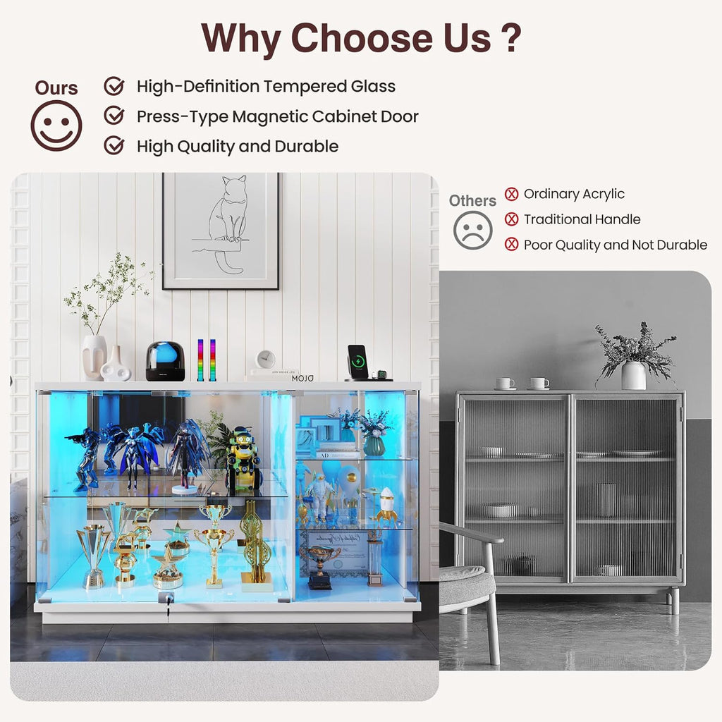 Gurexl 47.2" W Glass Display Cabinet with 3-Color LED Lights, 5-Tier Lockable Curio Cabinet with Human Body Sensor & Charging Station, Display Case for Collectibles, Living Room, Kitchen, White