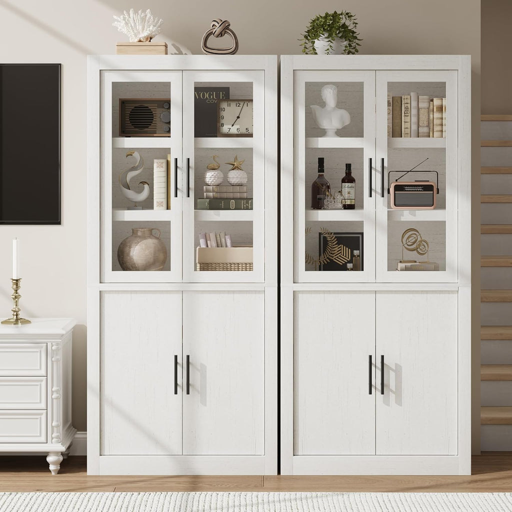 Tall Farmhouse Kitchen Pantry Cabinet, Wood Cabinet with 4 Doors & Adjustable Shelves, Sturdy Frame, Anti-Tip Design, Bookcase for Kitchen/Dining/Office, 70.45 Inches, Rustic White-Glass