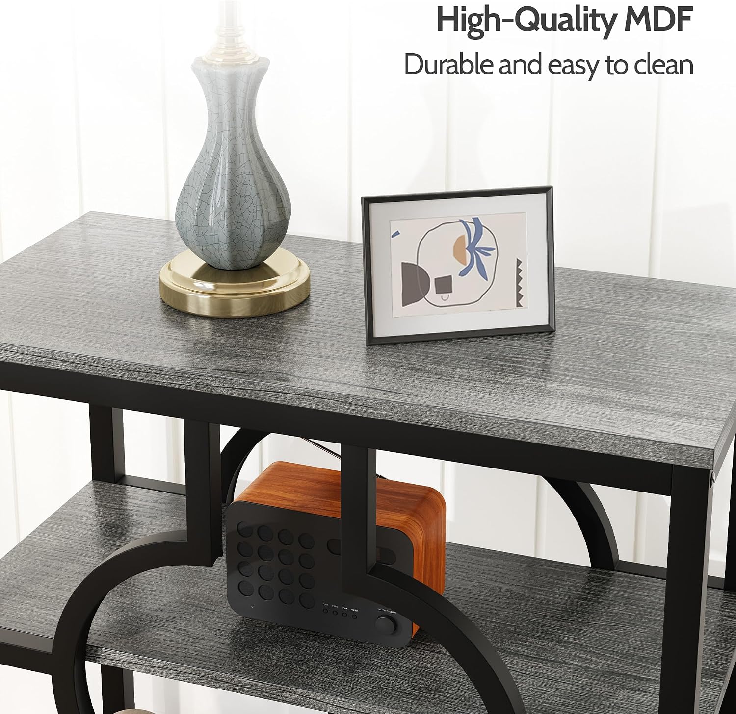 End Table Set of 2, Narrow Side Table with 3-Tier Storage Shelves, Wood Sofa Side Table with Geometric Metal Frame for Living Room, Industrial Bedside Nightstand for Bedroom (Gray)