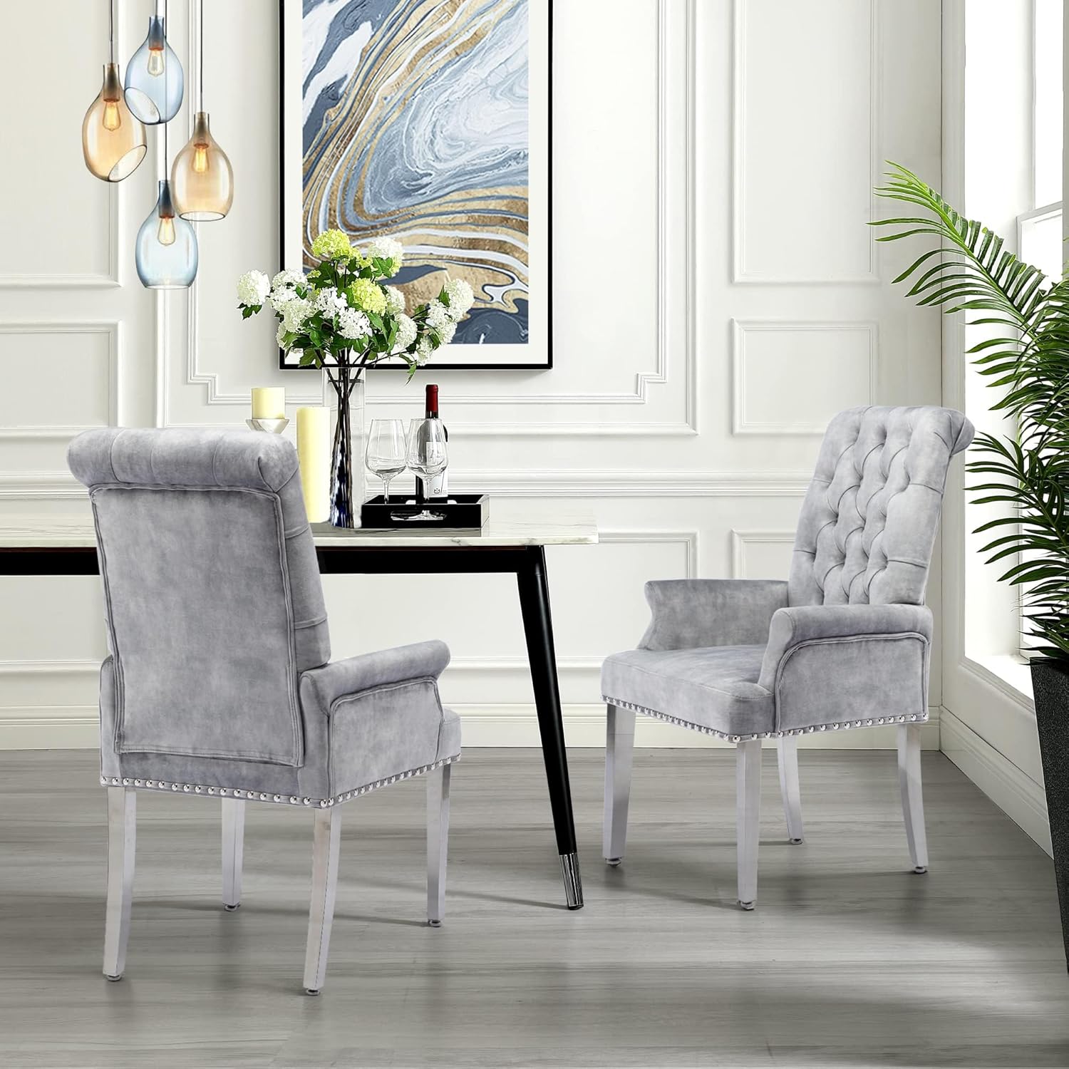 LOULENS Luxurious Velvet Dining Chairs, Modern Upholstered Dining Chair with Arms, Tufted High Back Dining Room Chairs with Stainless Steel Leg for Kitchen & Dining Room, Grey