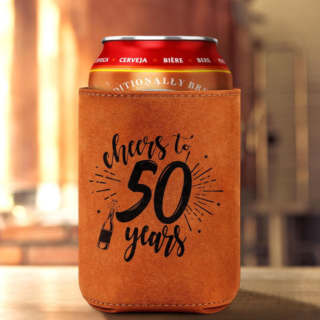 LEJIAJINW 50th Birthday Gift 50 Year Old Birthday Gifts for Men Women, Cheers to 50 Years Vintage 1976 Leather Can Sleeve, Funny 50th Birth Party Decoration Gift for Dad, Mom, Husband, Wife, Grandpa