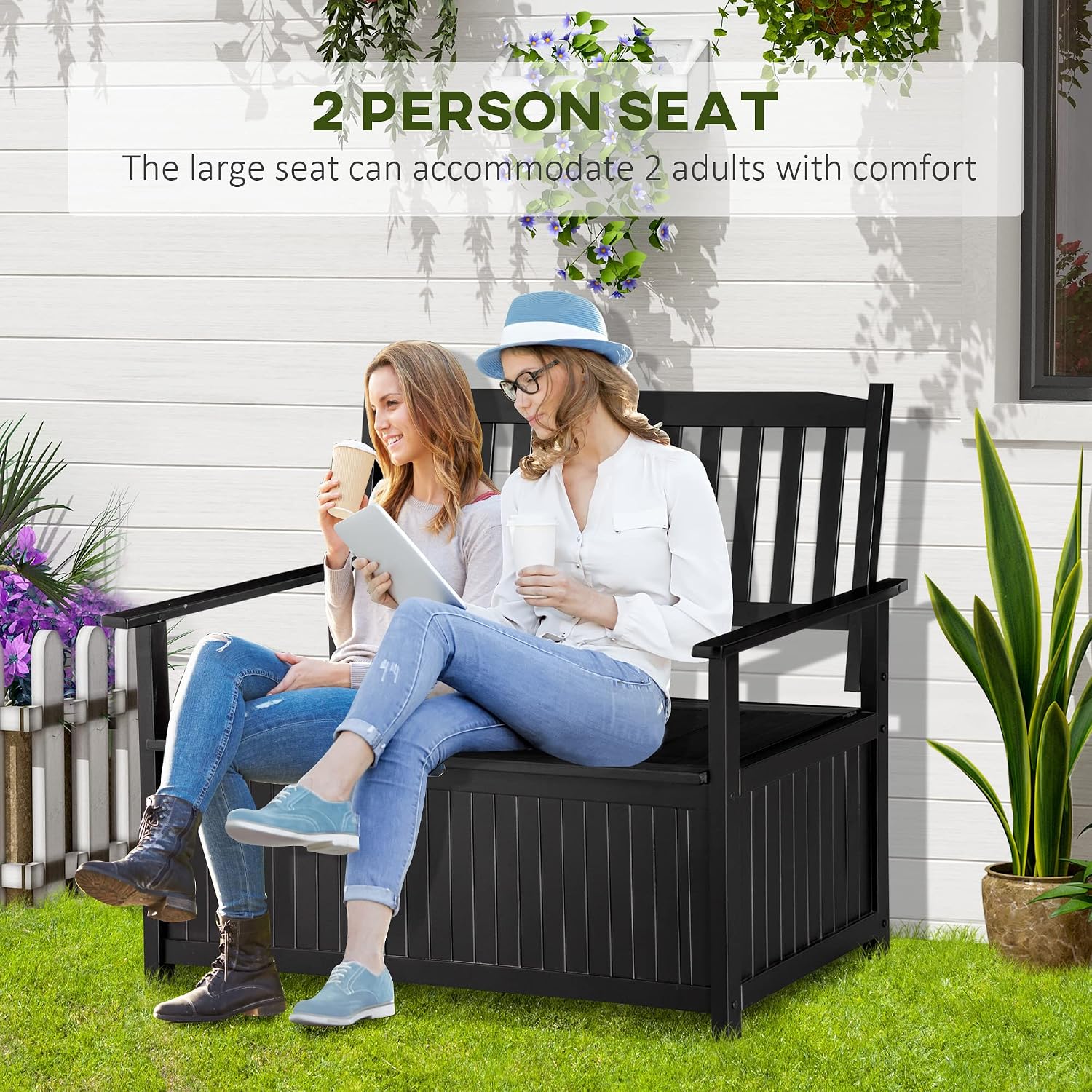 Outdoor Storage Bench, 43 Gallon Deck Box with Armrests, Outdoor Storage Box for Patio Furniture Cushions and GTools, Black