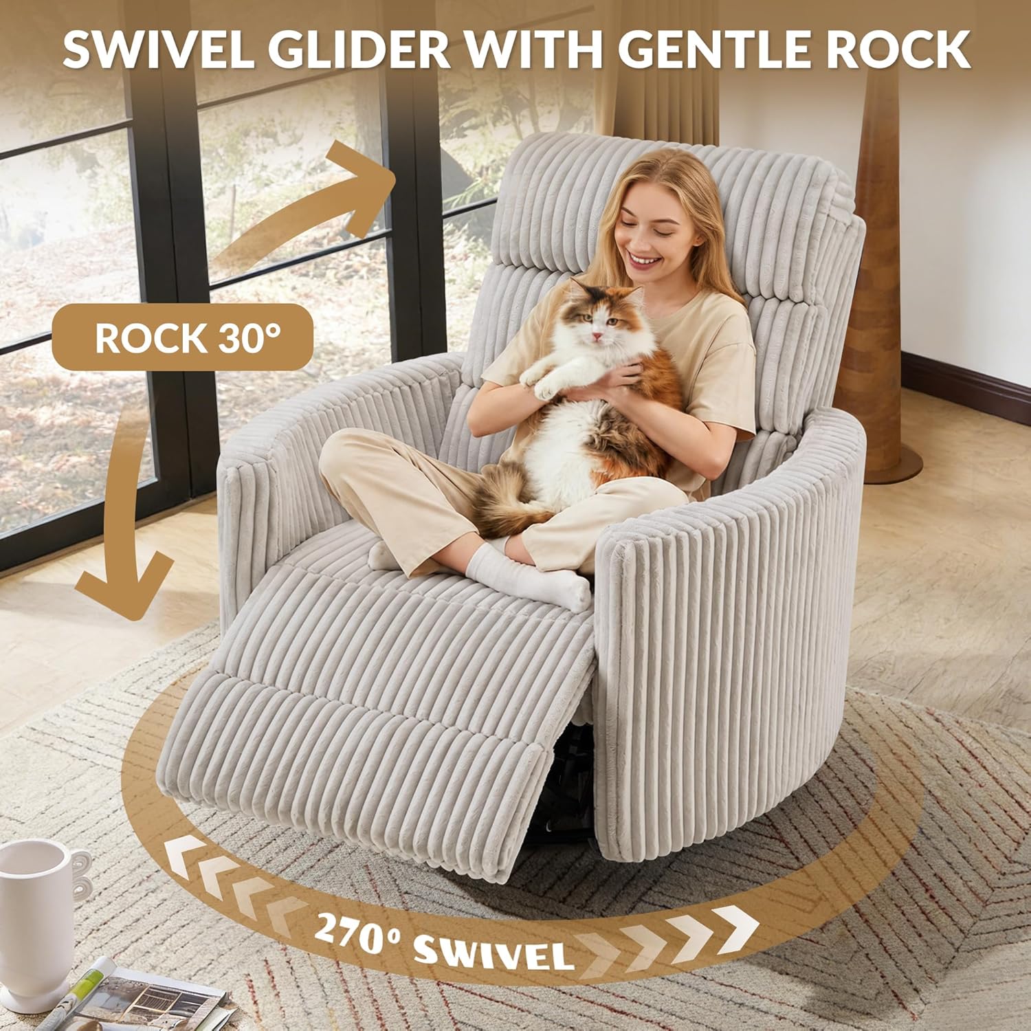 SUNWAVE 40" Oversized Power Nursery Rocking Recliner Barrel Chair, Swivel Nursing Chair with Electric Headrest & Anti-Pinch, Lay-Flat Corduroy Rocking Chair Nursery with USB/Type-C