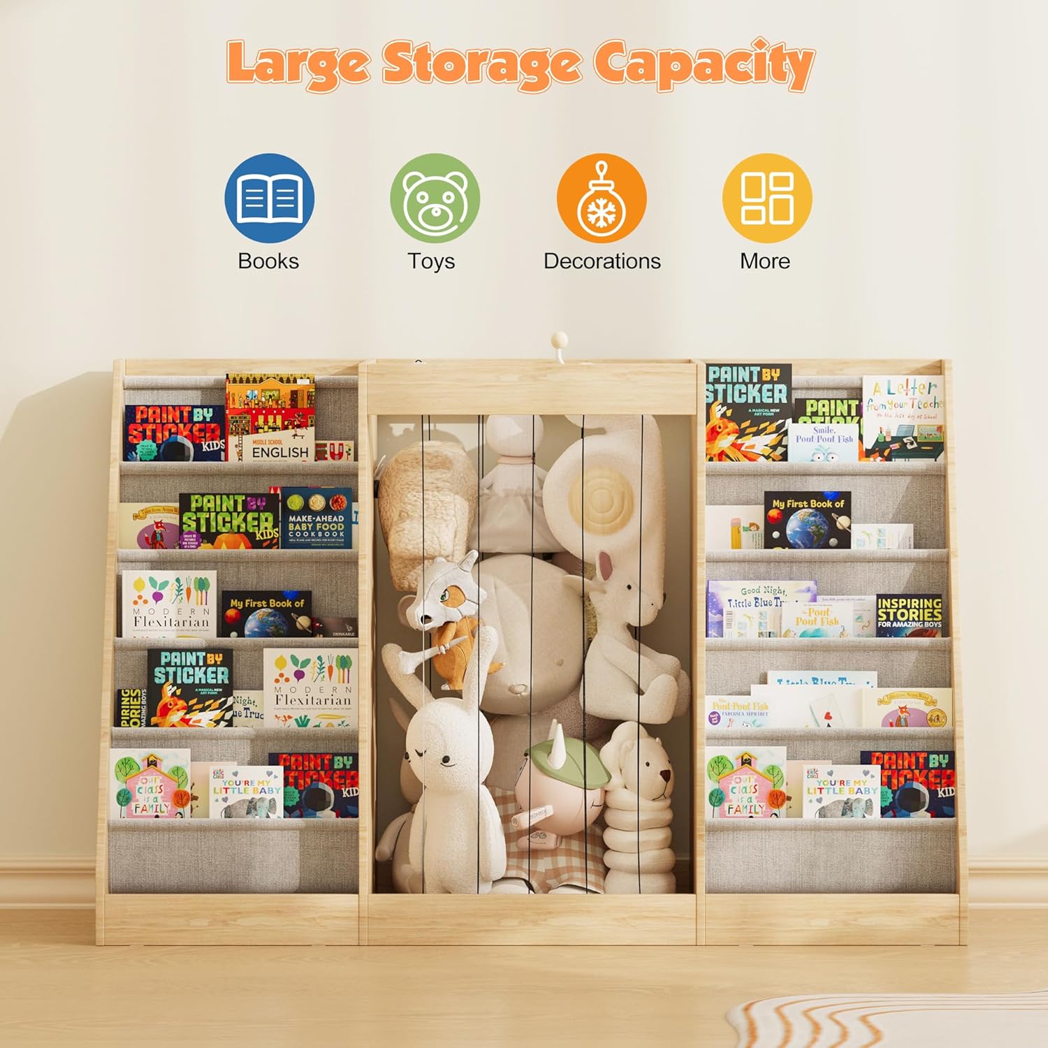 NACHES Montessori Kids Bookshelf with Toy Storage, Extra Book Display Shelves for Toddlers, Front-Facing Book Organizer for Nursery Playroom Bedroom (Natural Wood)