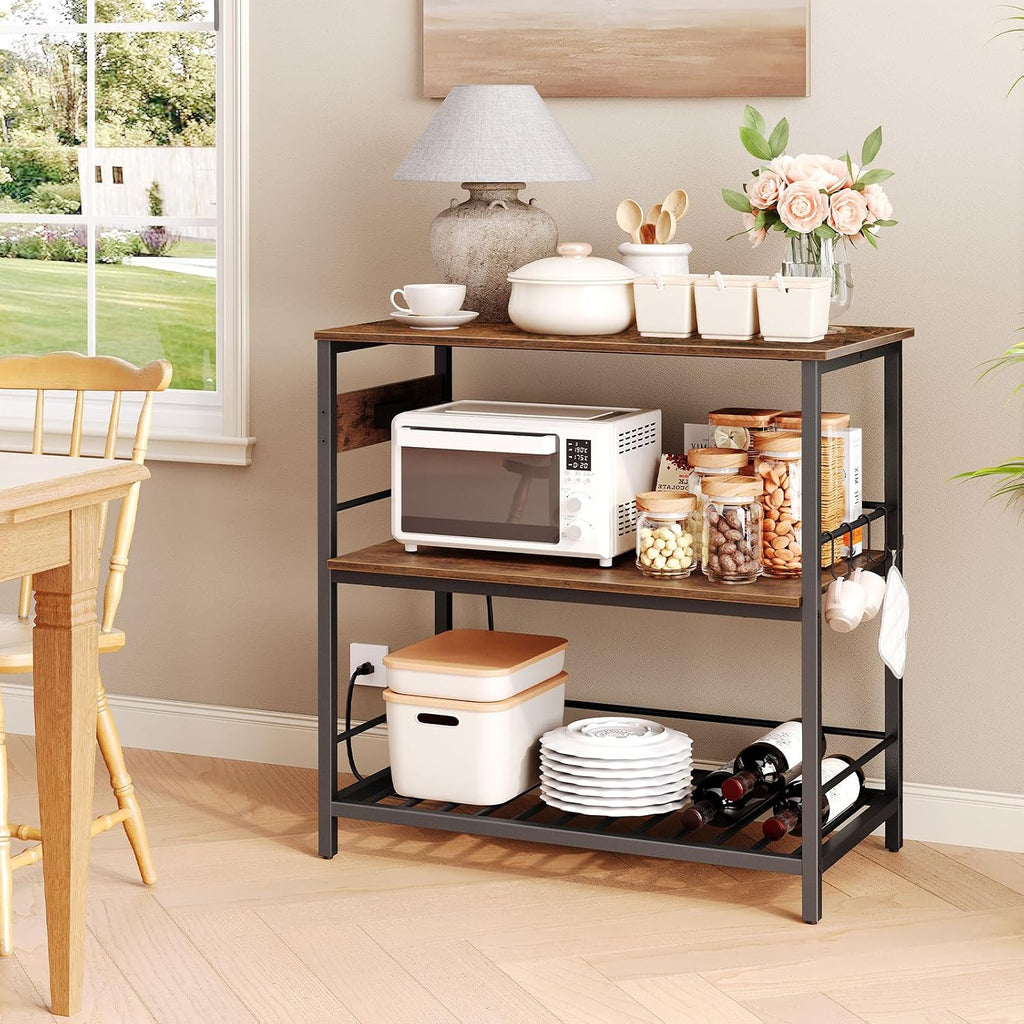 HOOBRO Kitchen Island with Storage, Kitchen Island Table with Power Outlet, 47.2" L 3 Tier Kitchen Counter and Microwave Stand, for Home, Kitchen and Dining Room, Rustic Brown and Black BF120UZD01