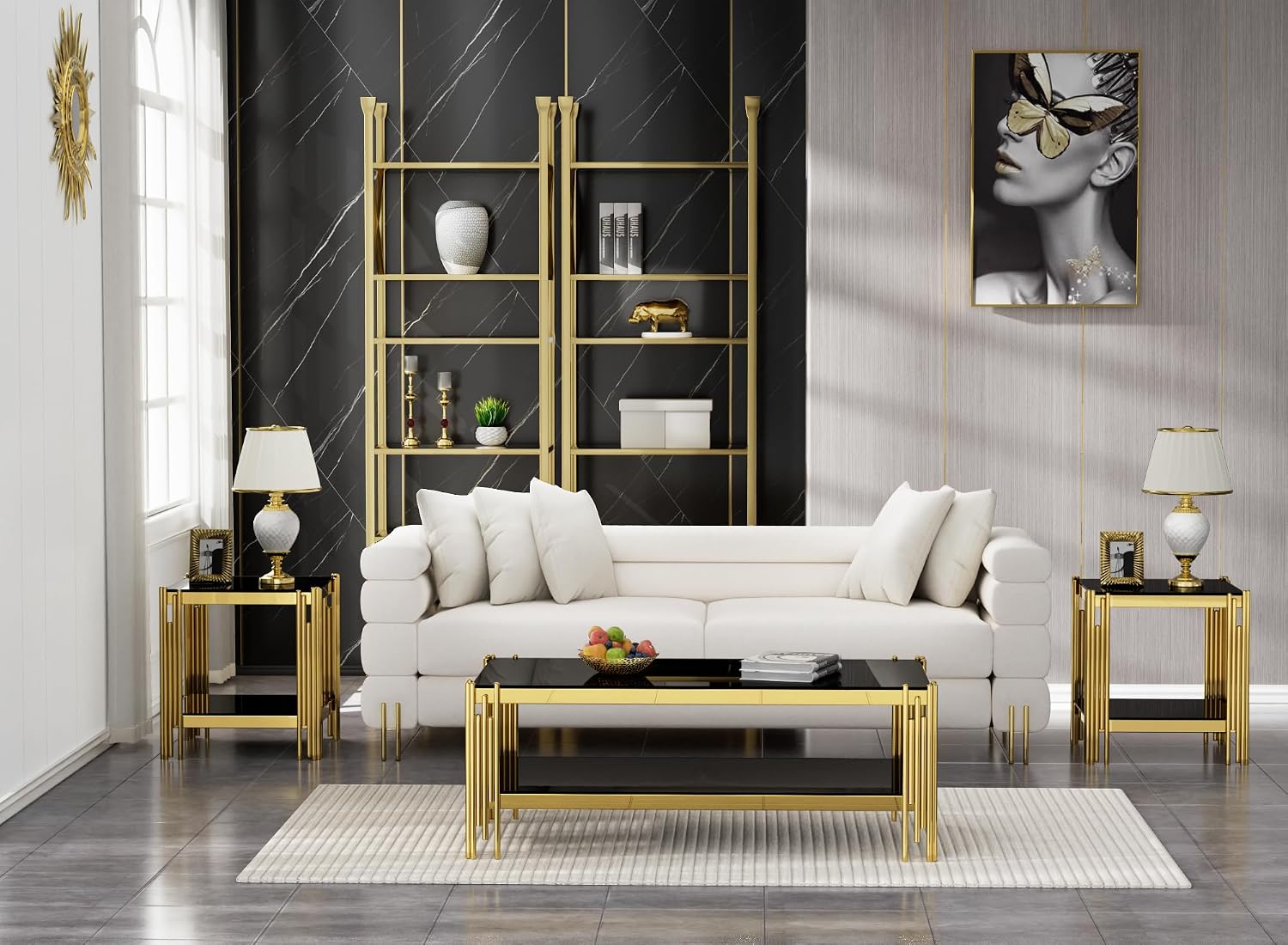 Henf 3-Piece Black Glass Living Room Table Set, 2-Tier Glass Coffee Table & 2 End Tables, Luxury Gold Coffee Table Set of 3 with Shining Golden Frame for Living Room Apartment Office