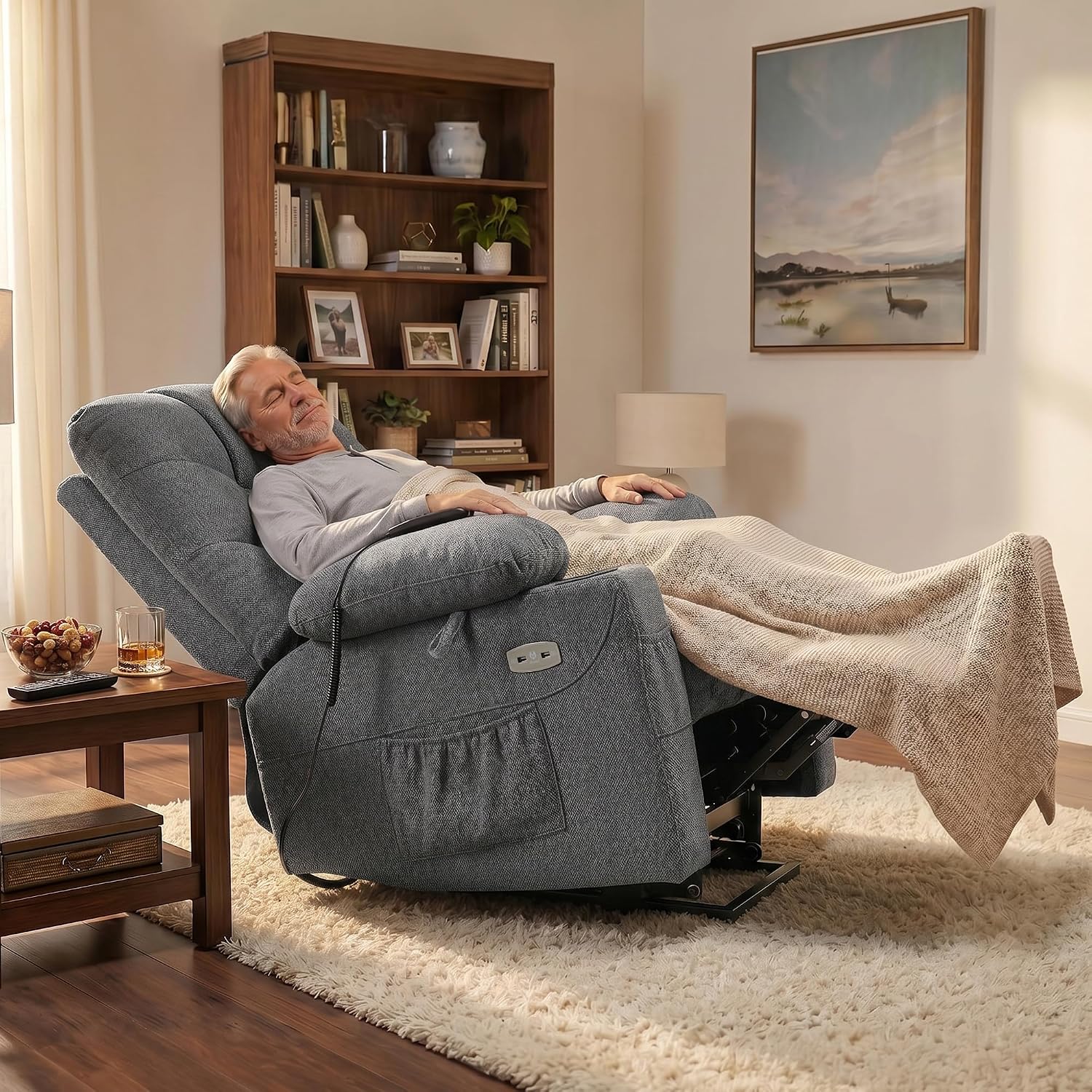 MCombo Power Lift Recliner Chair for Elderly, Electric Lift Chair with Extended Footrest, USB Ports, Cup Holders, Fabric 7287 (Dark Gray, Medium)