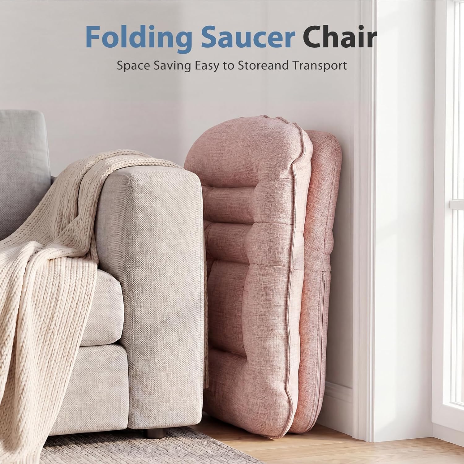 DUMOS Comfy Saucer Chair,Fabric Foldable Chairs for Bedroom, Living Room, Dorm & Gaming, Small Foldable Fashion Floor Chair with Back Support for Small Spaces Adults, Dark Pink