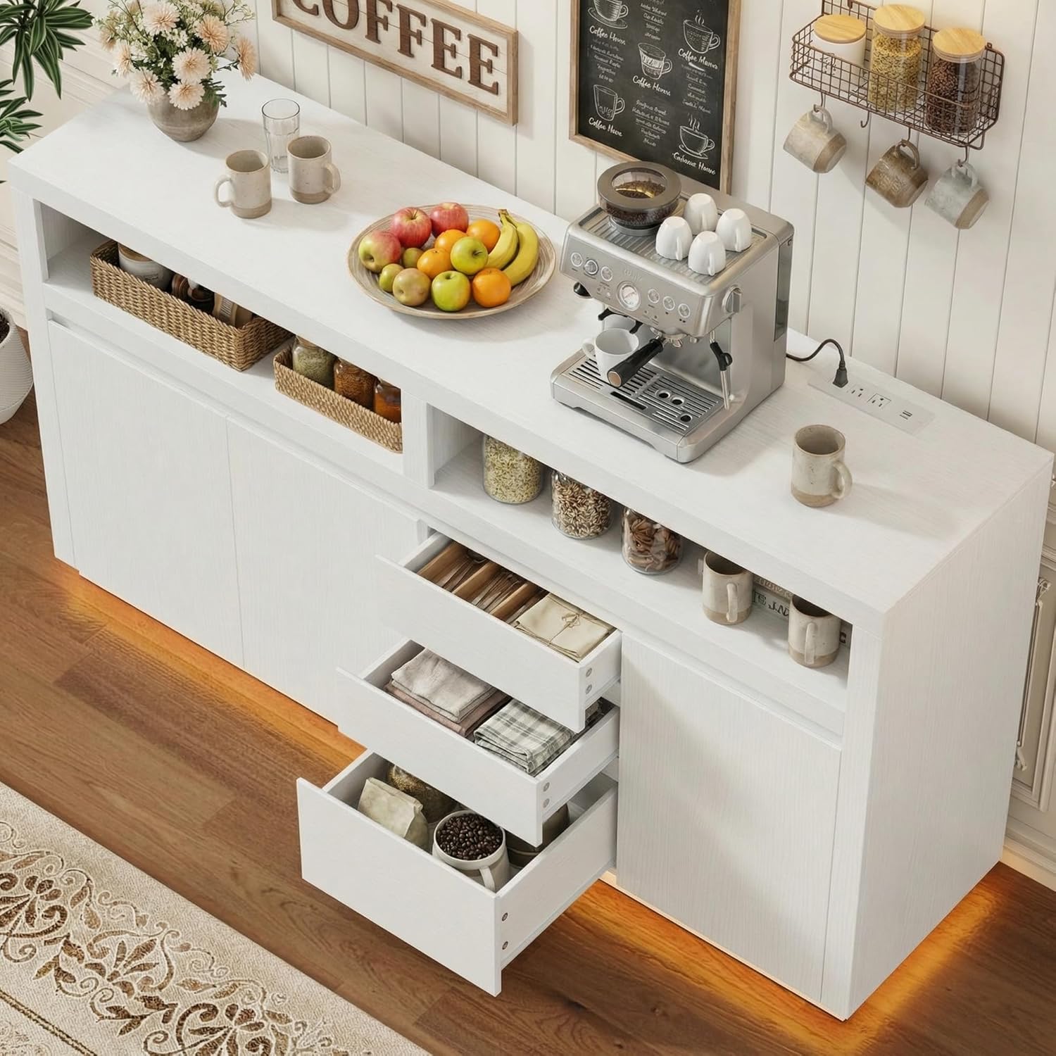FOTOSOK 63" Sideboard Buffet Cabinet with Storage, Modern Kitchen Buffet Cabinet with Drawer, Kitchen Storage Cabinet with Power Outlet & LED Light, Coffee Bar Cabinet for Kitchen, Living Room, White