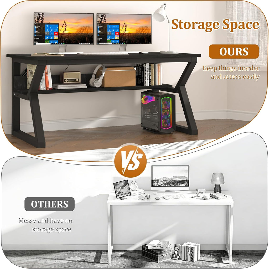 55 inch Computer Desk with Storage Shelf, K-Shaped Office Desk with Sturdy Metal Frame, Writing Gaming Work Desk with Waterproof Surface for Home Office & Bedroom, Black
