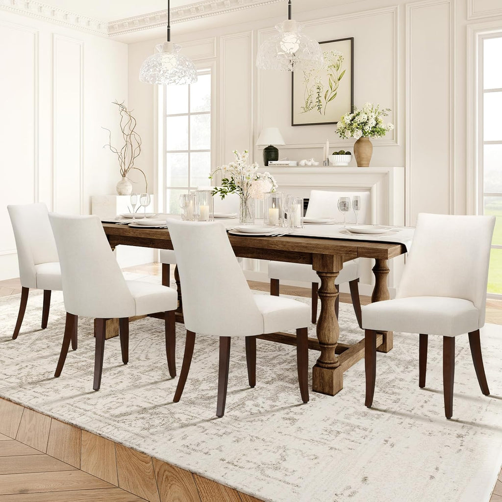 Upholstered Dining Chairs Set of 6, Mid Century Modern Kitchen Chairs with Back, Farmhouse Fabric Side Dining Room Chairs with Wood Legs for Dining Room Restaurant, Beige