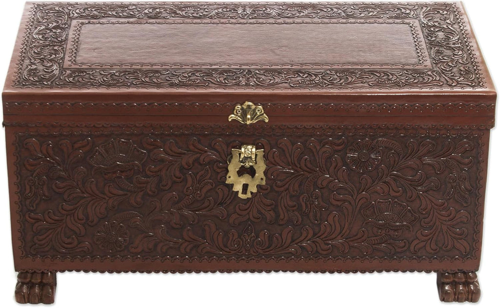 NOVICA Artisan Handmade Cedar and Leather Chest Brown Woodleather Peru Furniture Trunks Colonial 'Colonial Days'