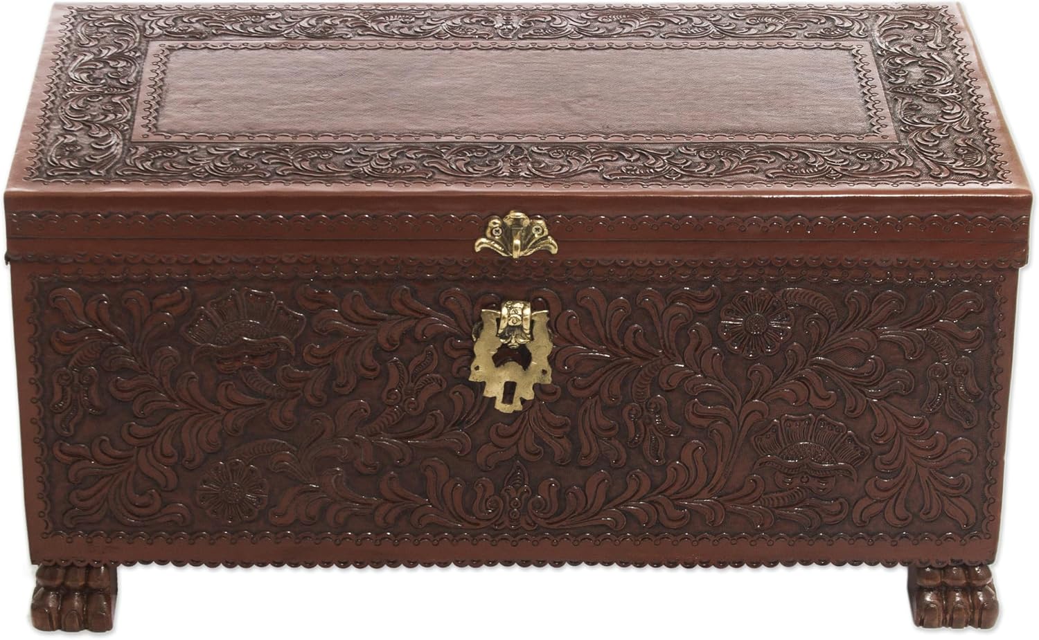 NOVICA Artisan Handmade Cedar and Leather Chest Brown Woodleather Peru Furniture Trunks Colonial 'Colonial Days'