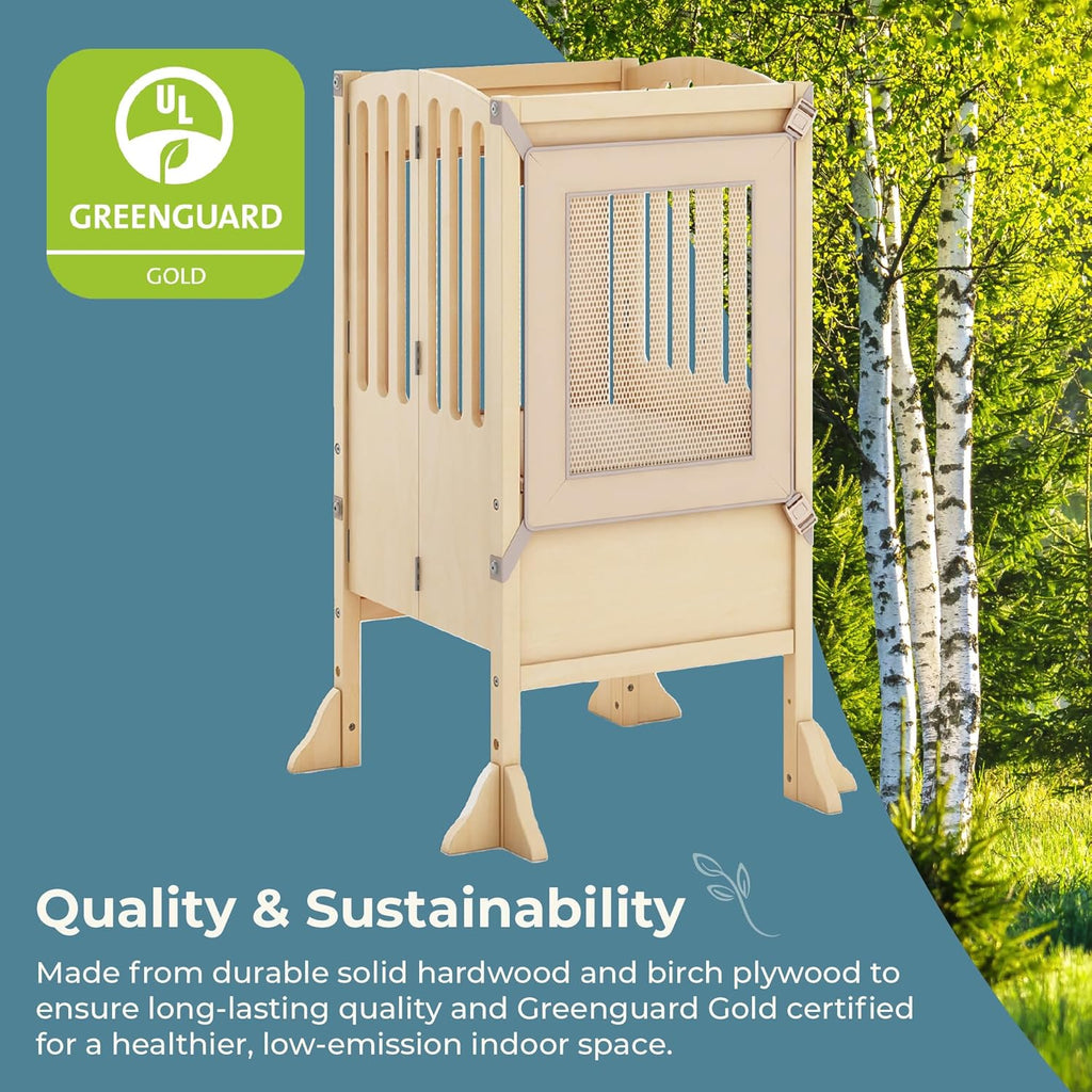Guidecraft Kitchen Helper® Toddler Tower Step Stool - Contemporary - Natural: Folding Adjustable Height Montessori Wooden Learning Furniture with Keepers