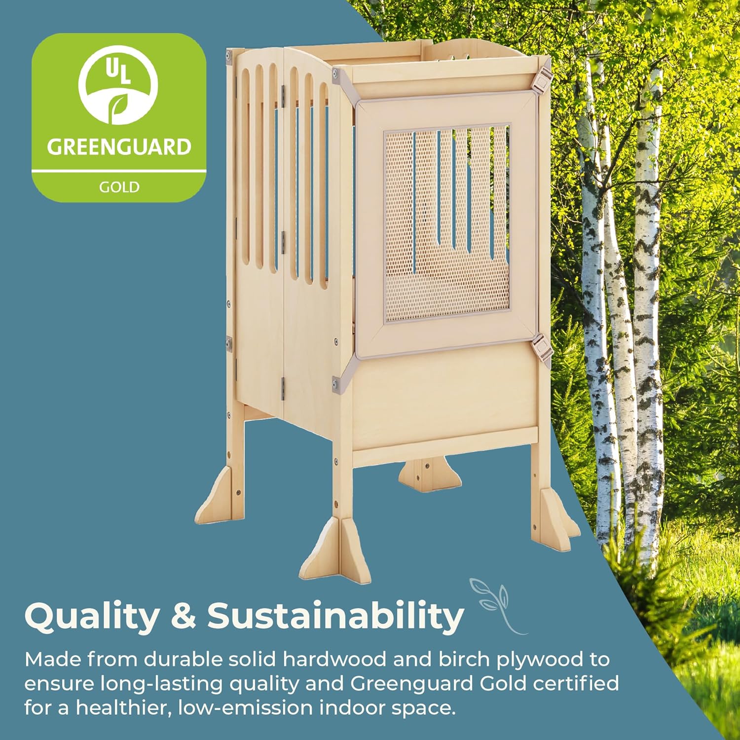 Guidecraft Kitchen Helper® Toddler Tower Step Stool - Contemporary - Natural: Folding Adjustable Height Montessori Wooden Learning Furniture with Keepers