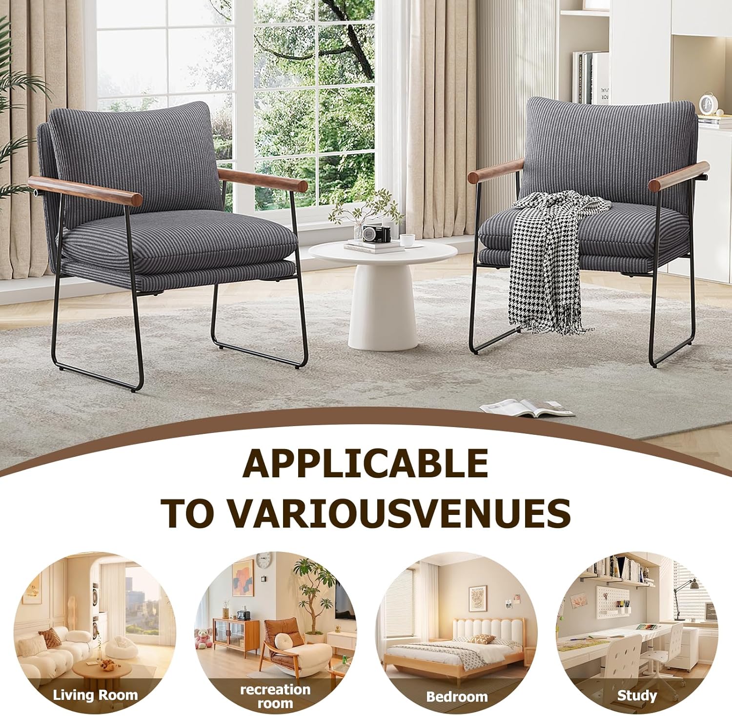 Furnilivng Large Sling Accent Chair, Comfortable Boucle Fabric Arm Chair, Upholstered Cozy Reading Chair for Living Room, Bedroom, Dressing Room, Home Office (Dark Gray, Set of 1)