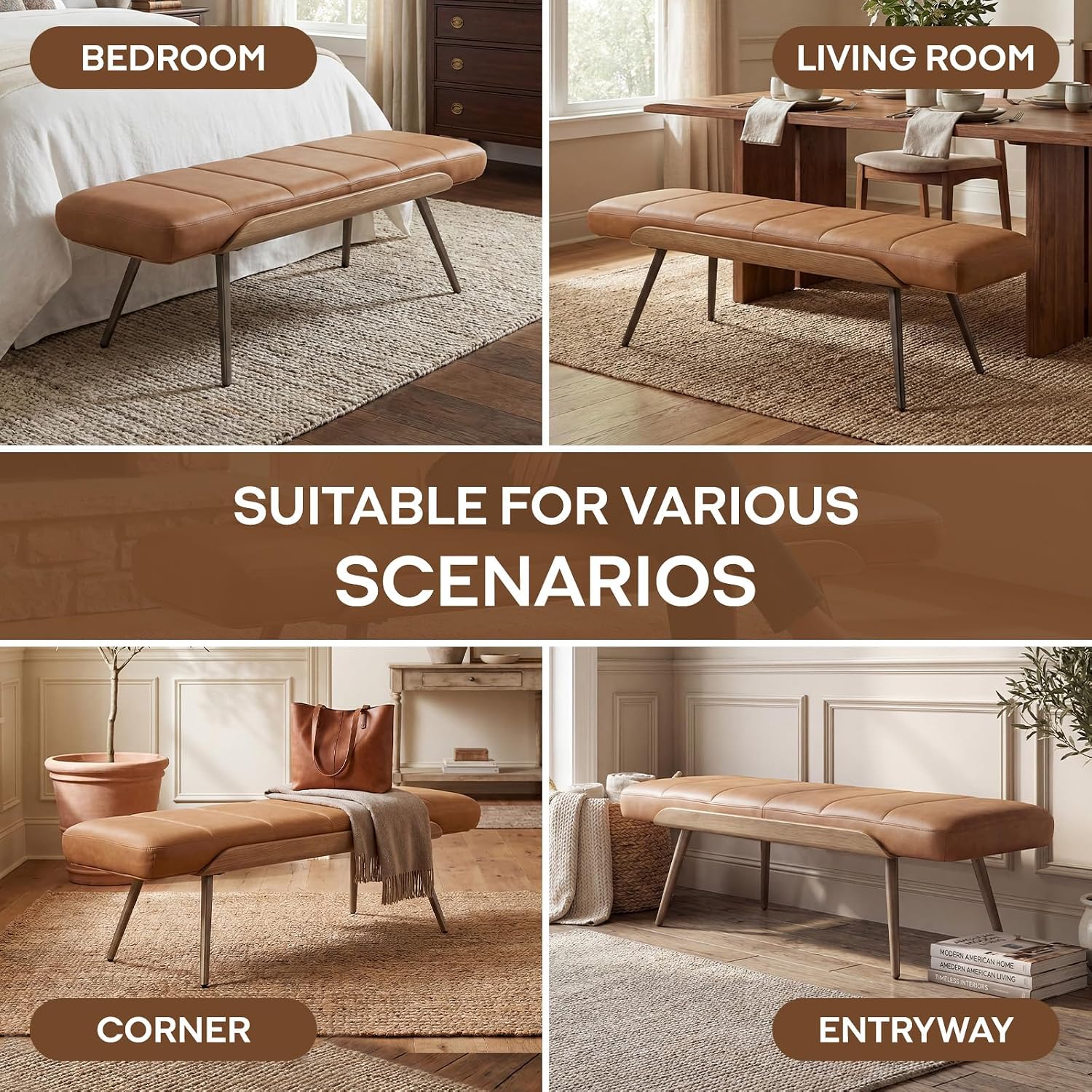 CIMOTA Mid-Century Modern Upholstered Bench, Upholstered Ottoman Bench with Solid Wood Trim and Bronze Metal Legs, 49.5" Accent Bench for Bedroom, Entryway, Living Room, End of Bed, PU Brown