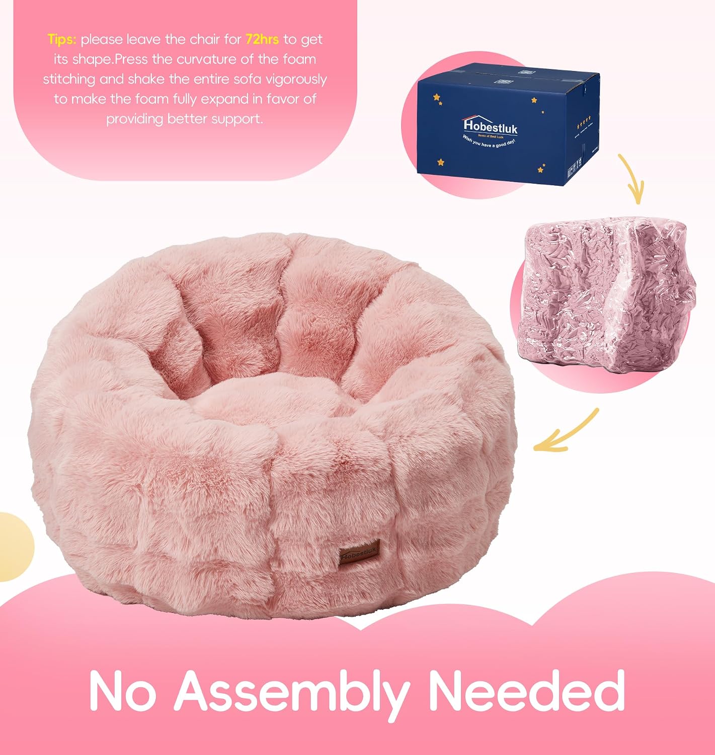 Hobestluk Bean Bag Chair with Portable Handle Donut-Shaped Large Bean Bag with Plush Cover for Living Room Bedroom or Reading Nook (Large, Pink)