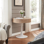 31.5" Round Fluted Pedestal Table for 2-4, Oak Circle Kitchen Dinner Table with Hidden Storage, 31''H Small Tulip Breakfast Desk with Sliding Doors, Metal Base for Kitchen, Cafe, Patio, Courtyard