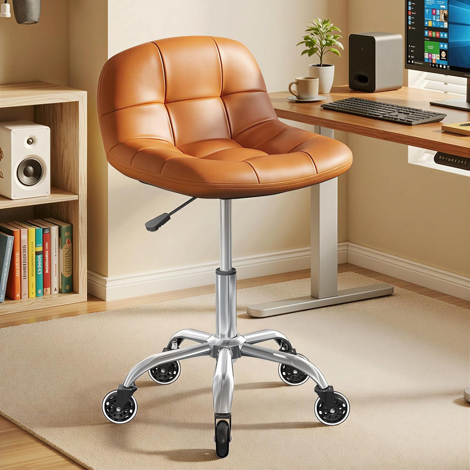 Rolling Stool Chair with Wheels, Height Adjustable Stool with Back Support, Office Drafting Chair with PU Leather Cushion for Home Office Kitchen Vanity Salon Garage Tattoo Dentist Esthetician(Camel)