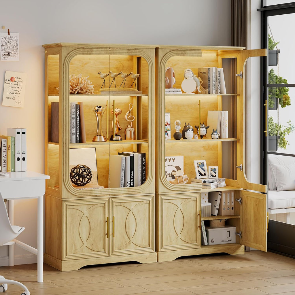 69" Tall Display Cabinet with Glass Doors, Curio Cabinet with 3 LED Lights and Human Body Sensor, Glass Display Case with Storage Cabinet for Living Room, Oak