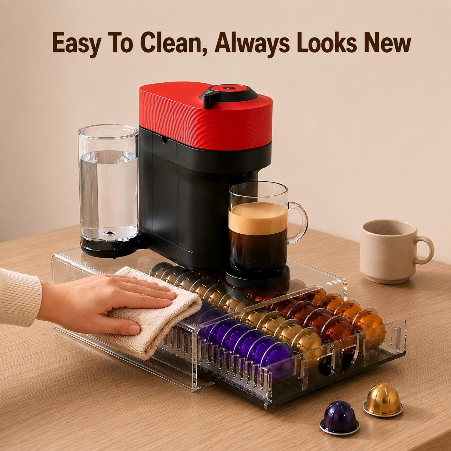 Coffee Pod Drawer Organizer for Nespresso Vertuo Pods,Acrylic Coffee Pod Holder Holds 40 Large or 60 Small Capsules or 28 K-Cups,Pull-Out Drawer with Anti-Slip Base for Home & Office,Matte Black