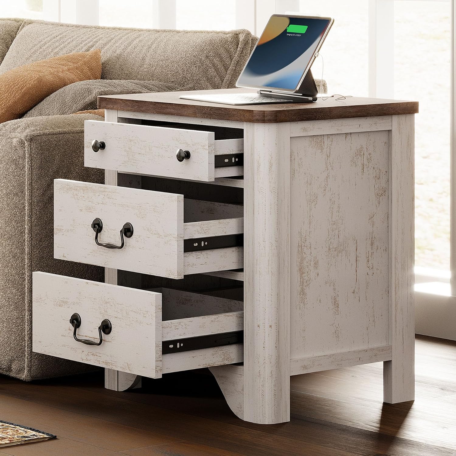 WAMPAT Farmhouse Nightstands Set of 2, 20.5 Inch End Table with Charging Station, Wooden Side Table with 3 Drawers, White End Table Side Table for Bedroom, Living Room, Sofa, Couch, Office