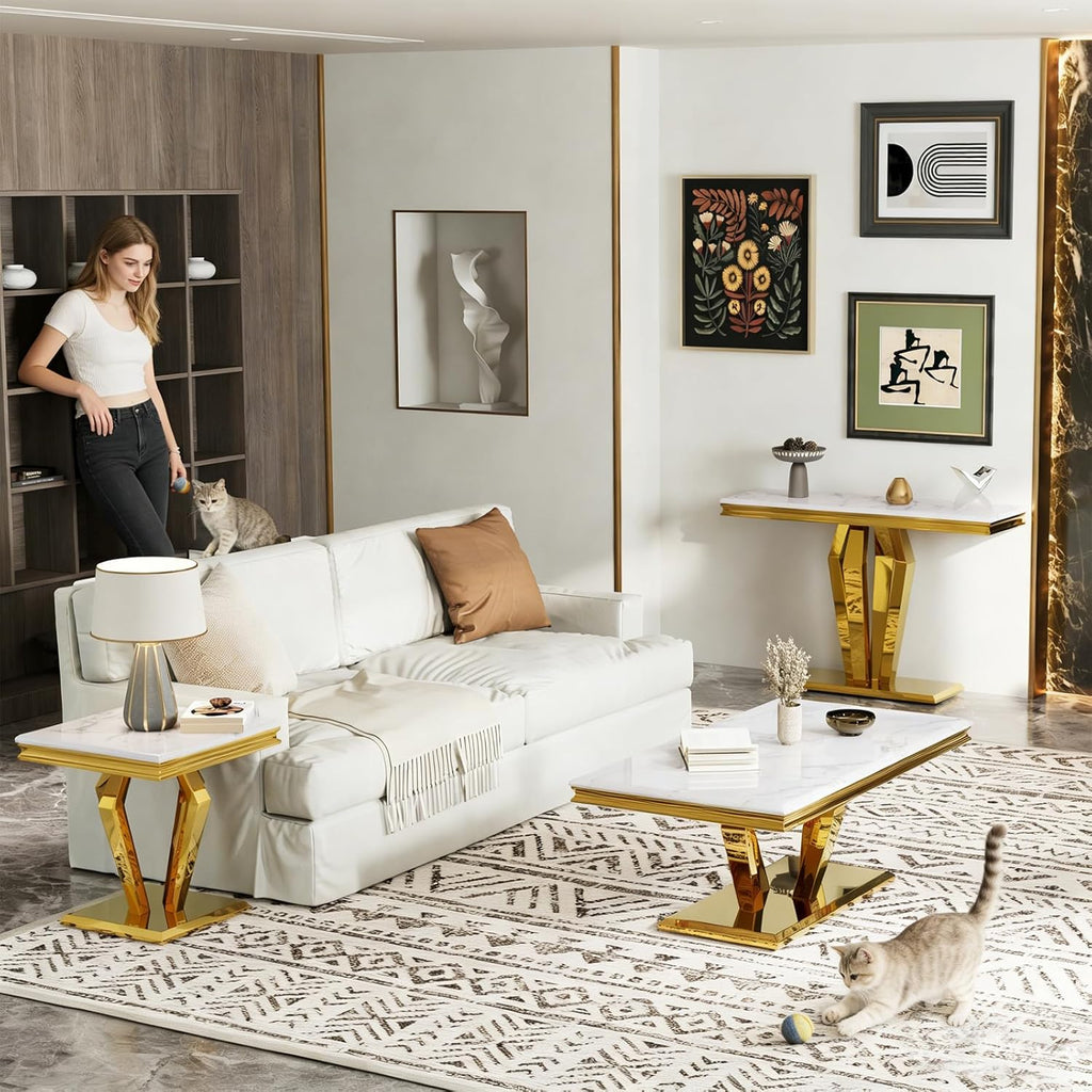 Asday White and Gold End Table for Living Room, Gold Modern End Table, 22 inch Luxury Square Side Table with Polished Geometric Base for Bedroom Home Office Balcony (1PCS)